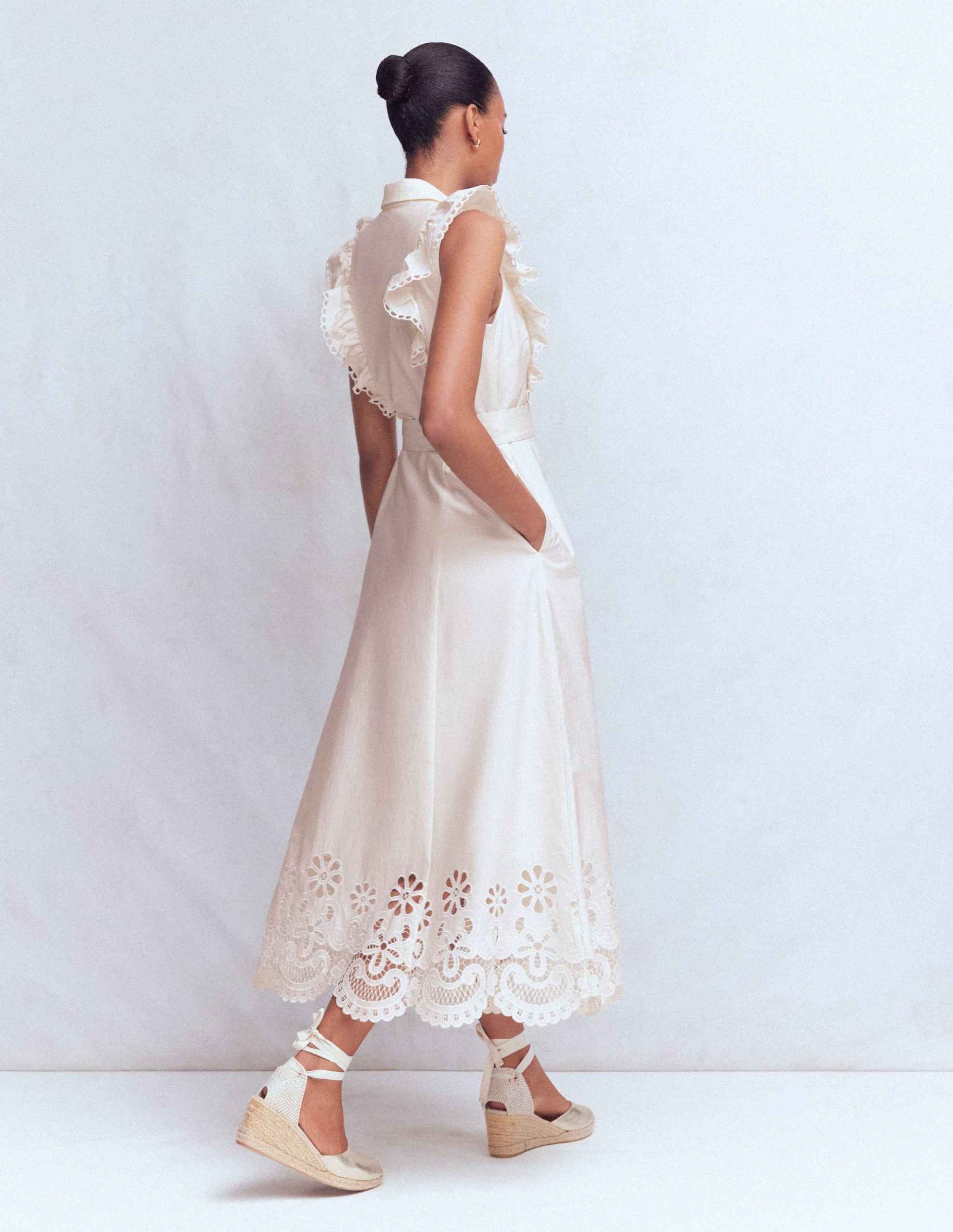 Ruffle Bodice Shirt Dress-White Broderie Trim - Image 4