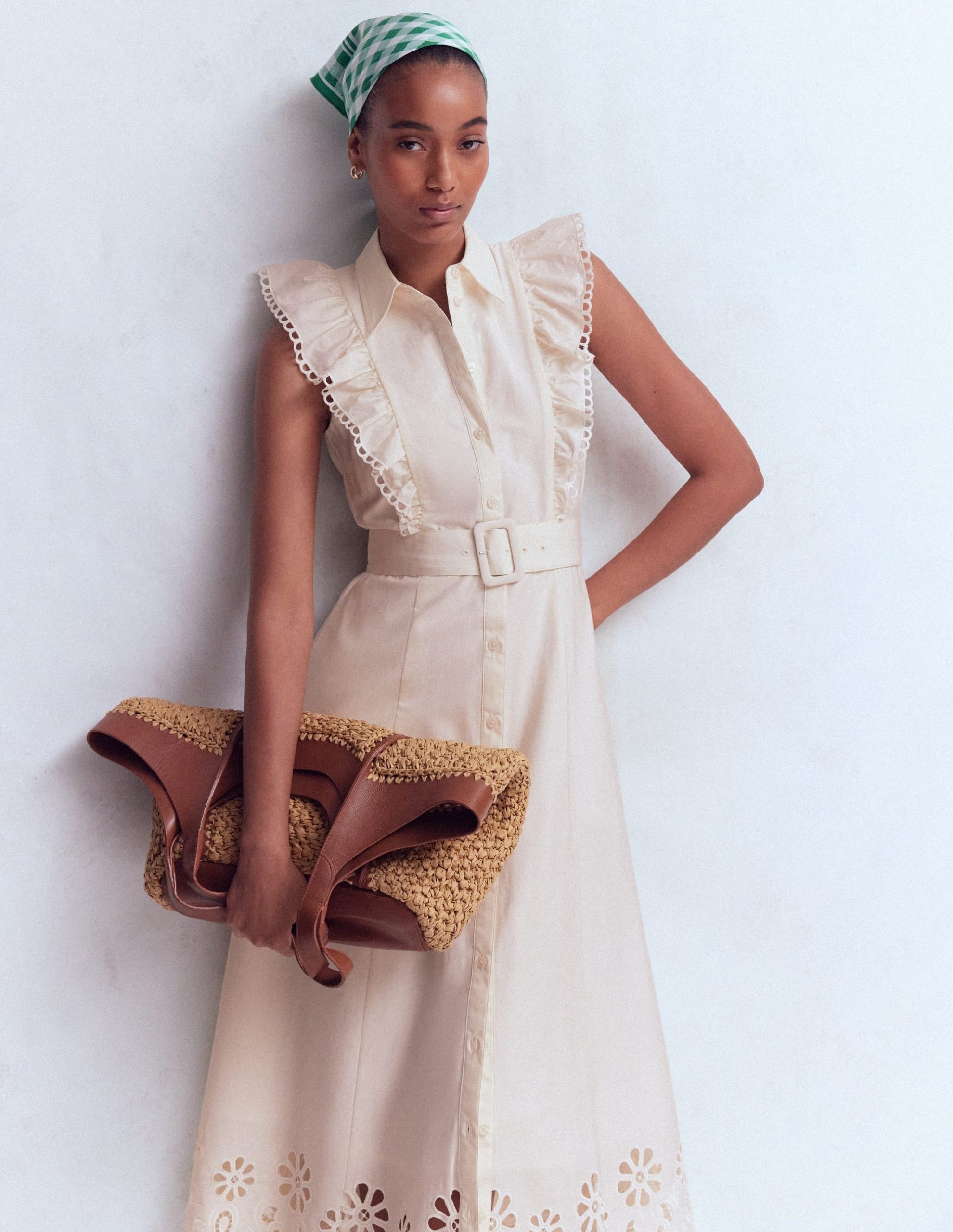 Ruffle Bodice Shirt Dress-White Broderie Trim - Image 5