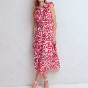 Ruffle Bodice Shirt Dress-Merida Red. Flowerbed Bloom