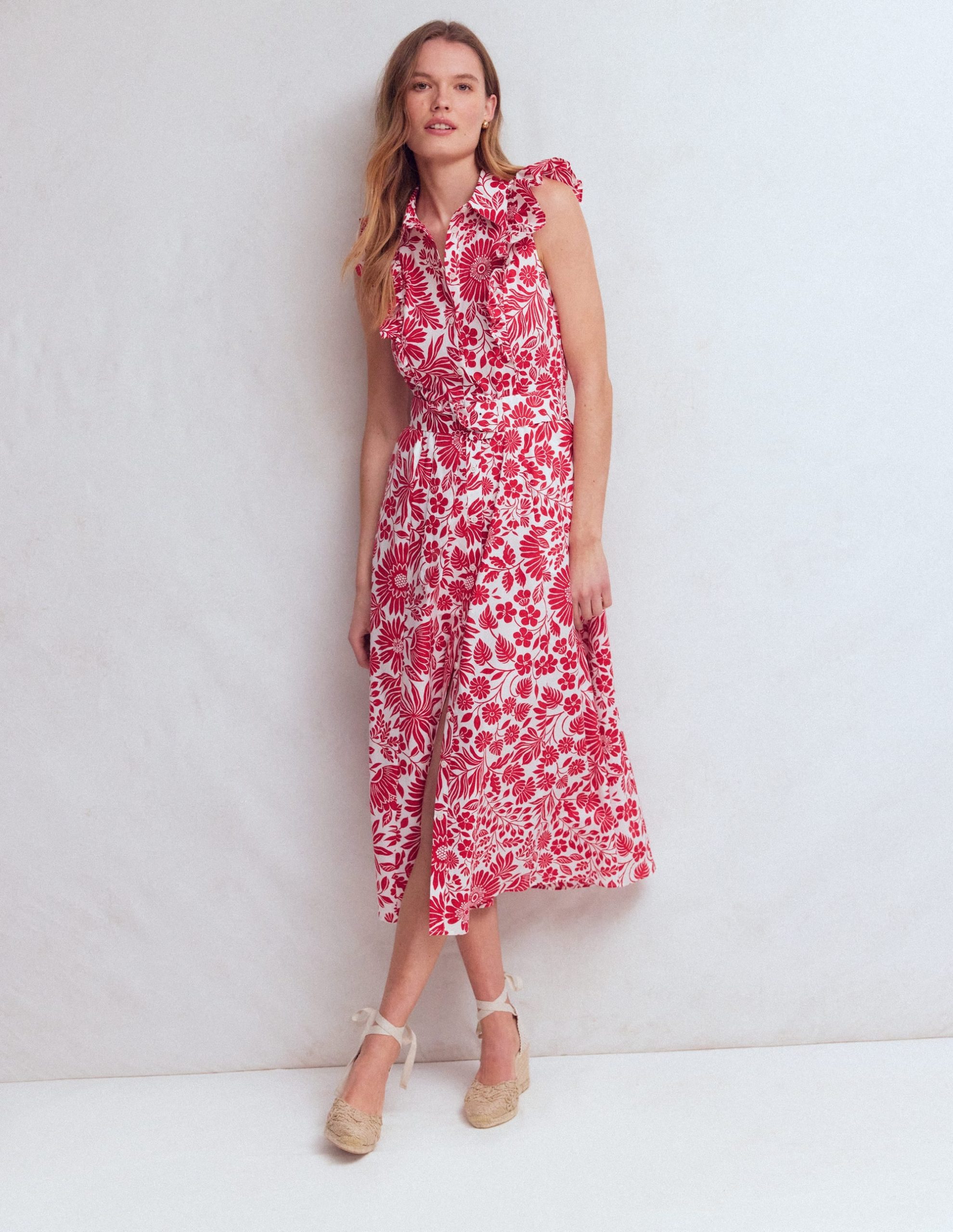 Ruffle Bodice Shirt Dress-Merida Red. Flowerbed Bloom