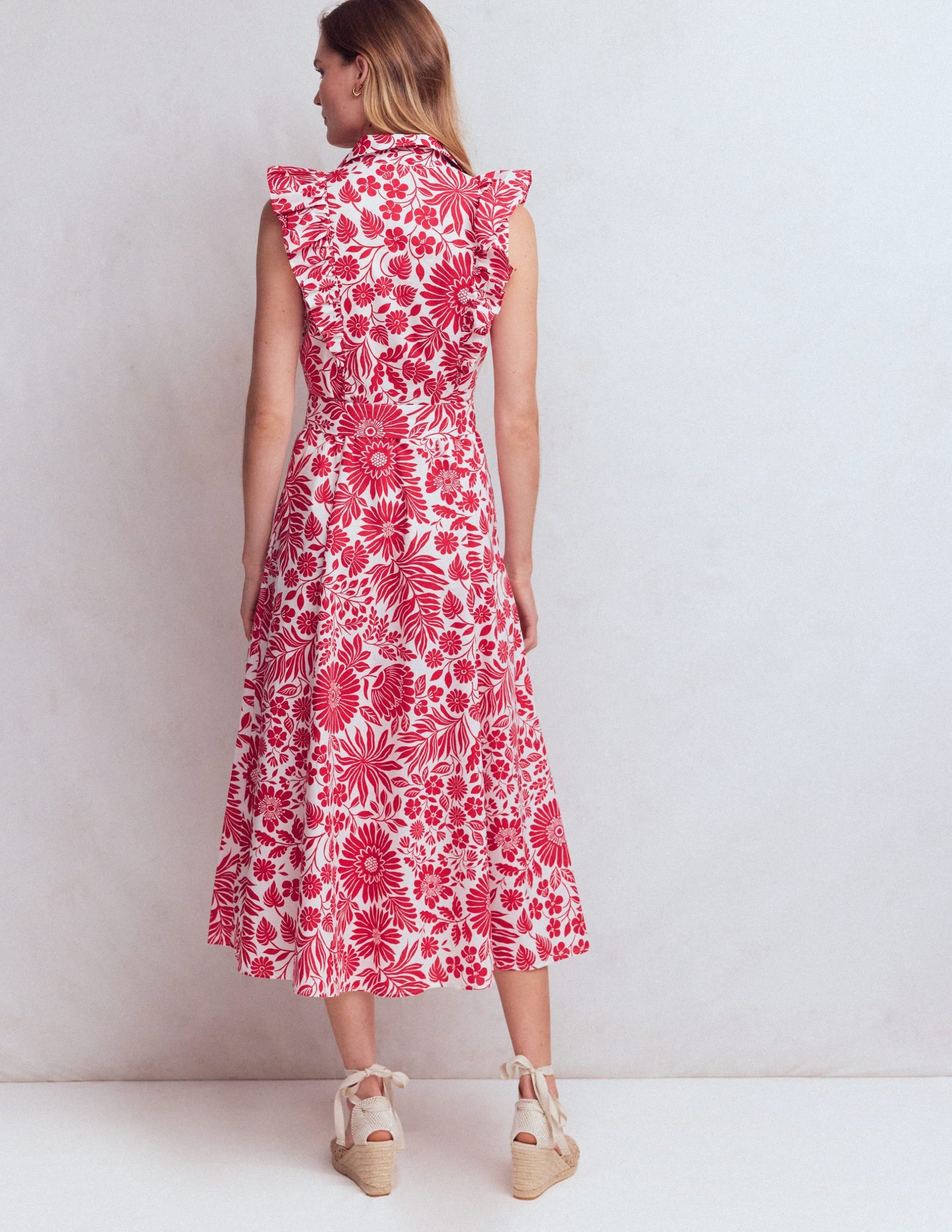 Ruffle Bodice Shirt Dress-Merida Red. Flowerbed Bloom - Image 3