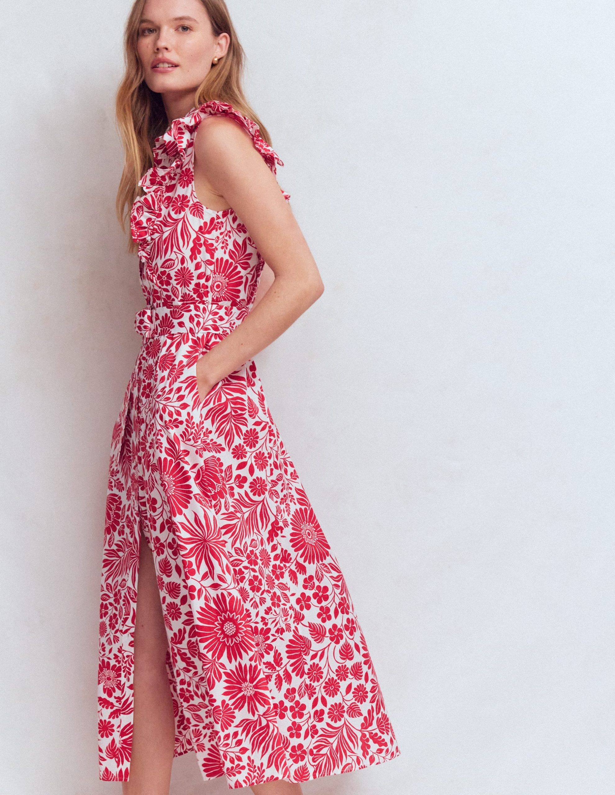 Ruffle Bodice Shirt Dress-Merida Red. Flowerbed Bloom - Image 4