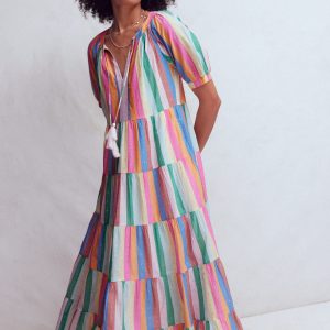Multi Tiered Maxi Dress-Multi Clipped Stripe