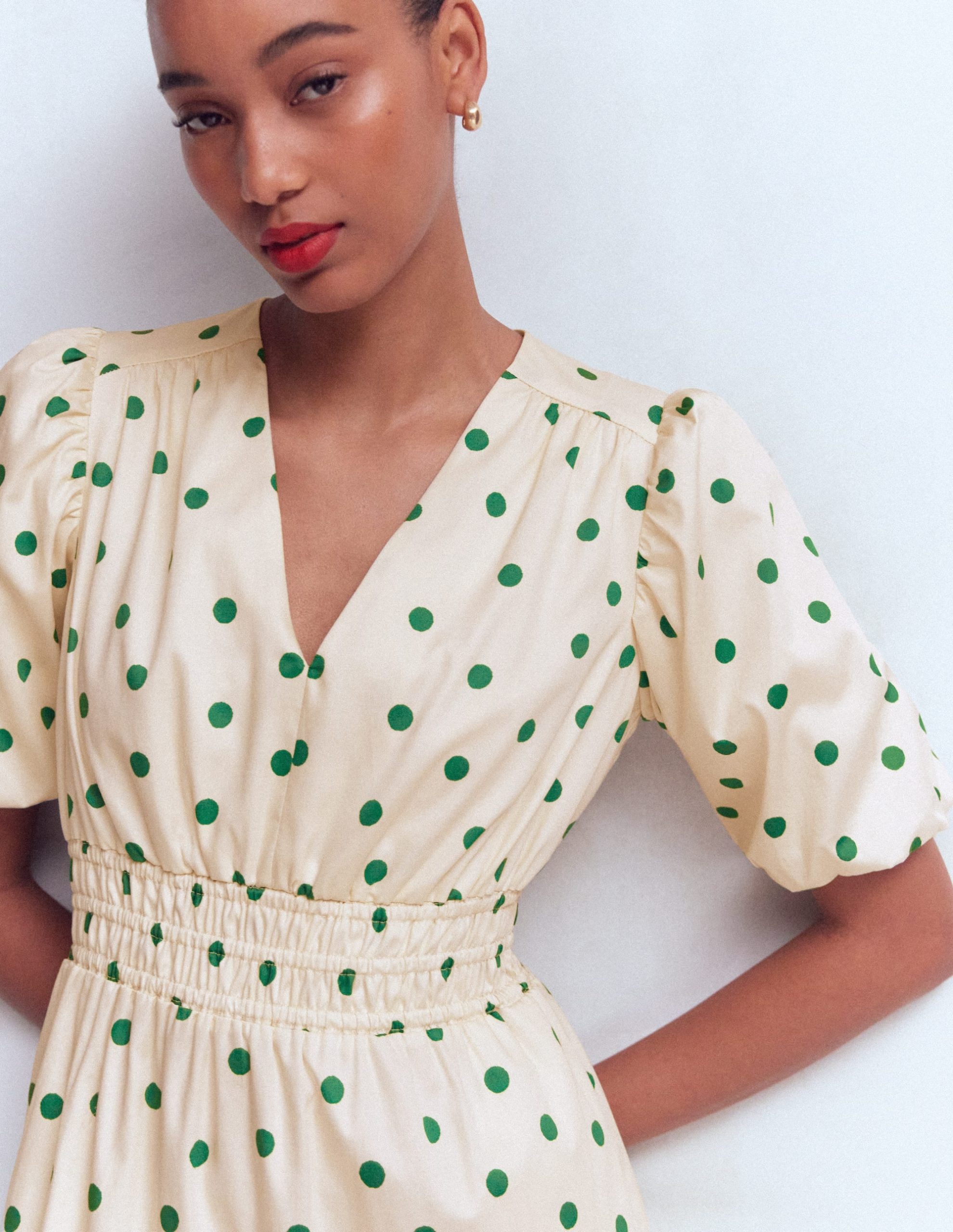 Irene Puff Sleeve Cotton Dress-Papyrus. Painted Dot Spaced - Image 3