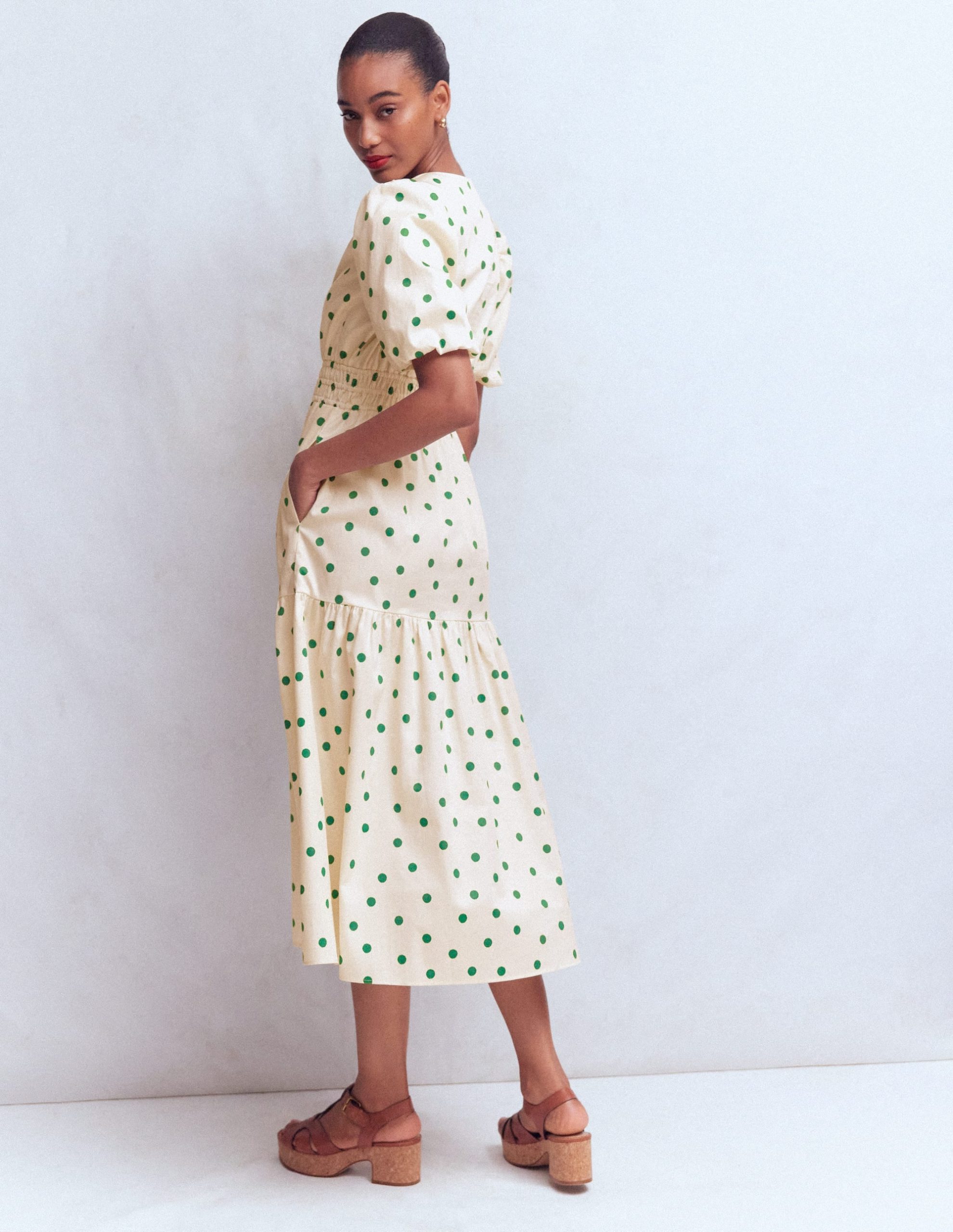 Irene Puff Sleeve Cotton Dress-Papyrus. Painted Dot Spaced - Image 4