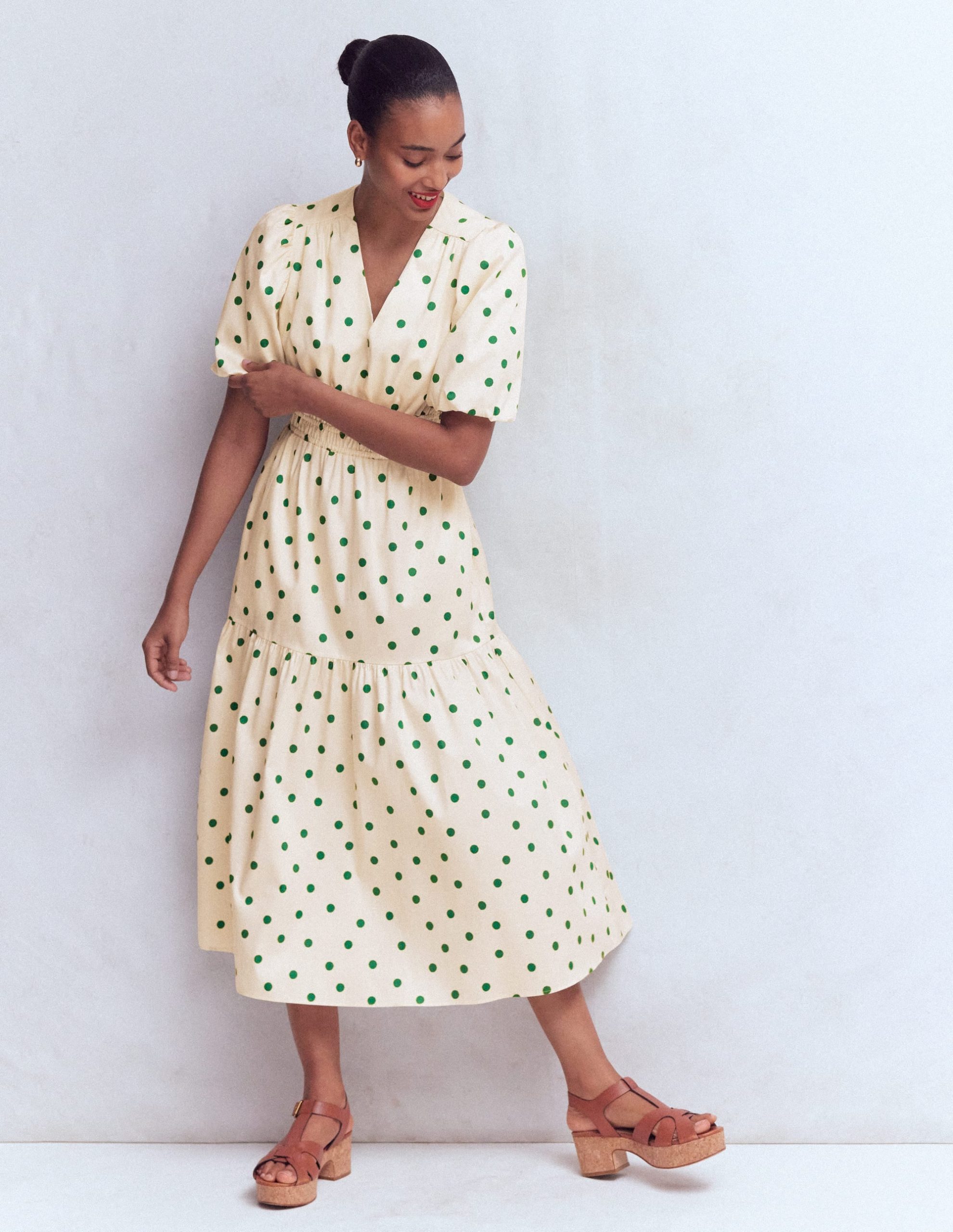 Irene Puff Sleeve Cotton Dress-Papyrus. Painted Dot Spaced - Image 5