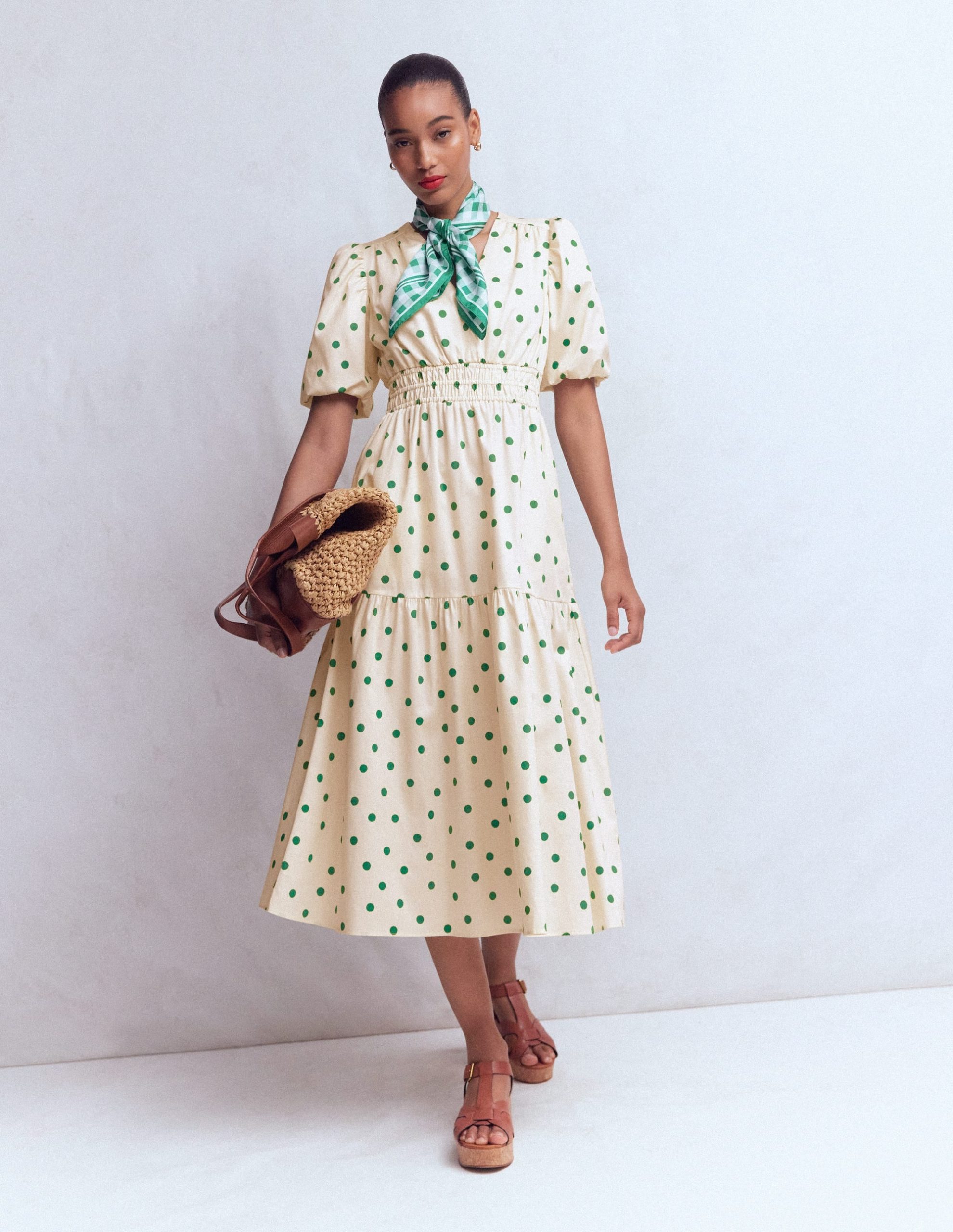 Irene Puff Sleeve Cotton Dress-Papyrus. Painted Dot Spaced - Image 6