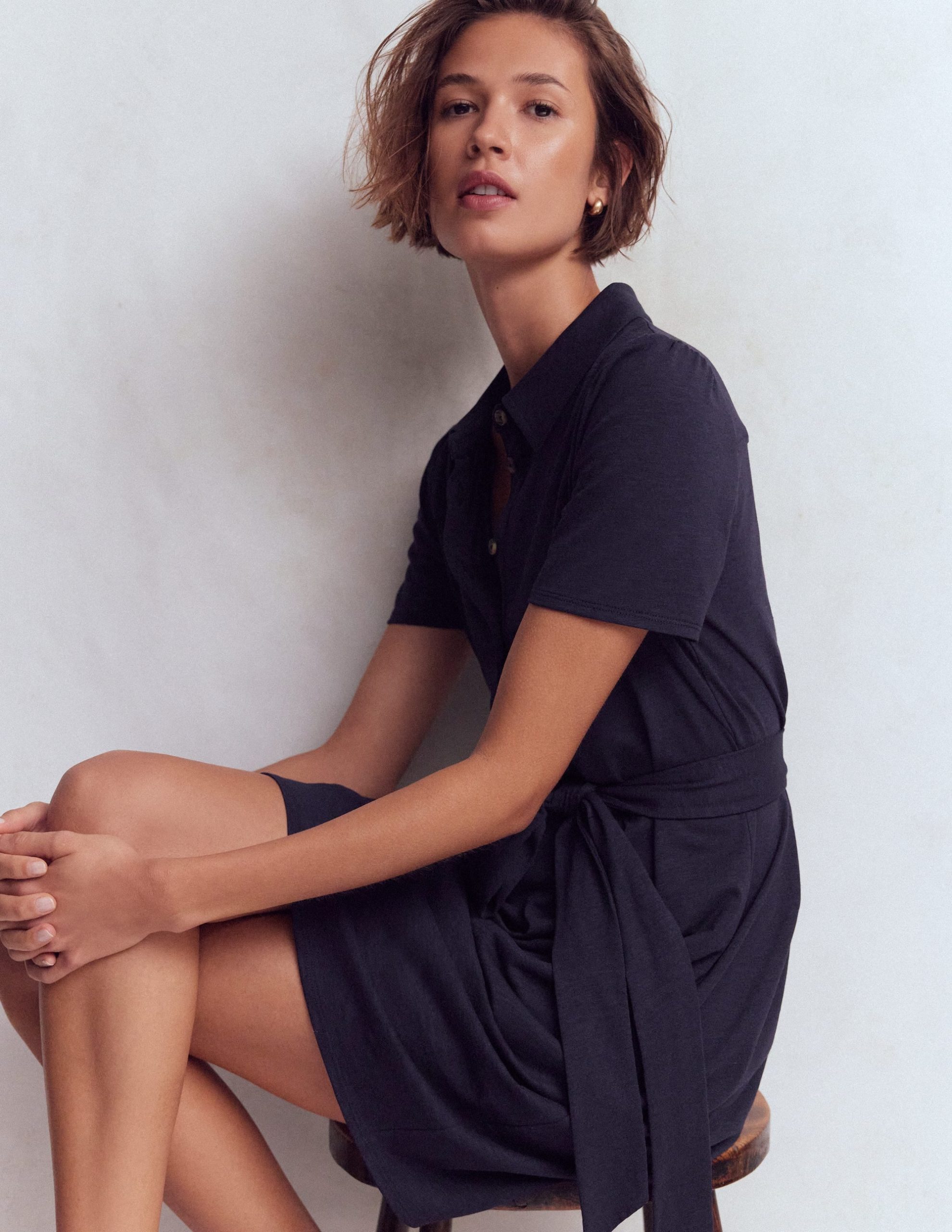 Patti Short Jersey Shirt Dress-Navy - Image 5