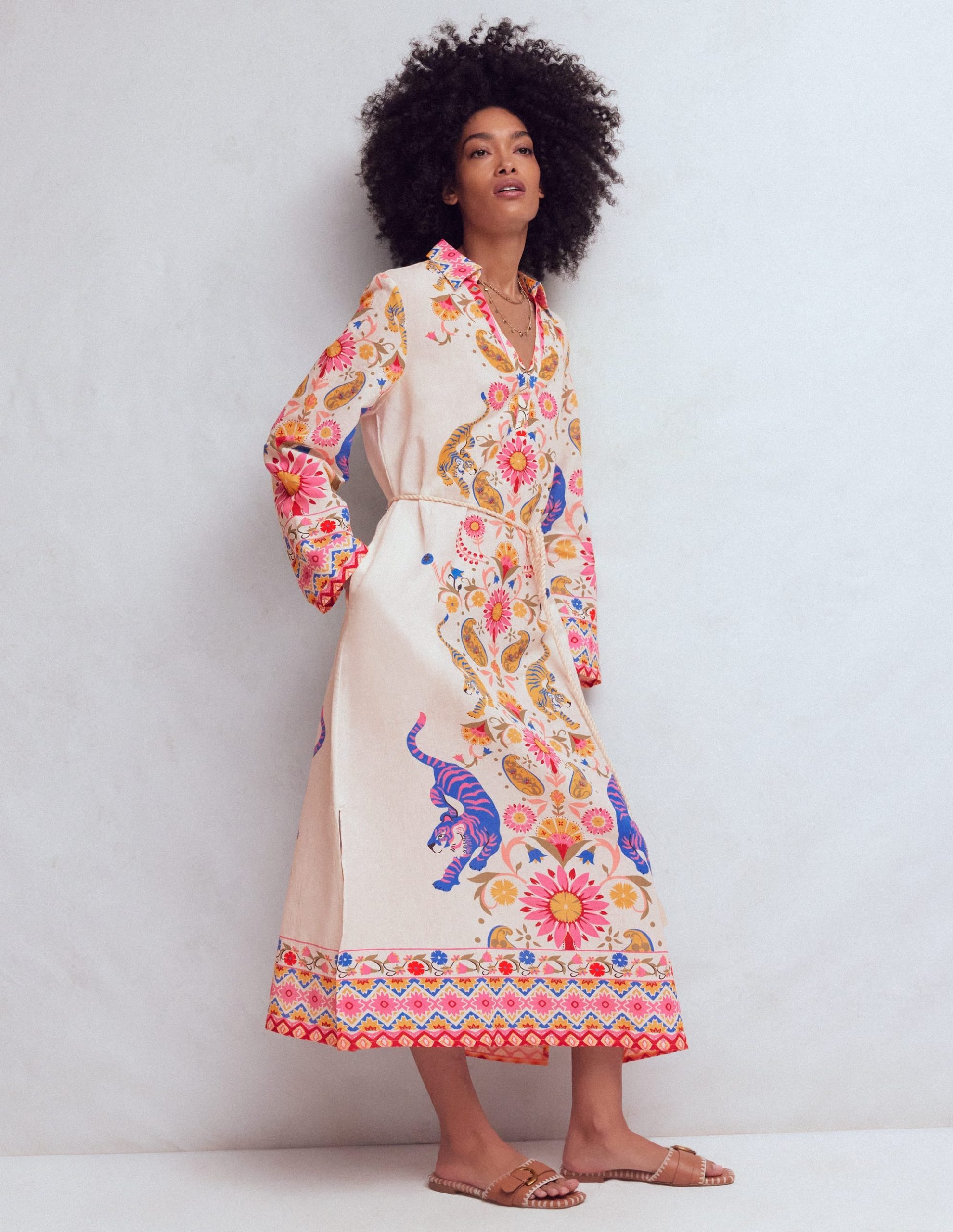 Notch Collar Linen Blend Tunic-Multi Tiger Tapestry