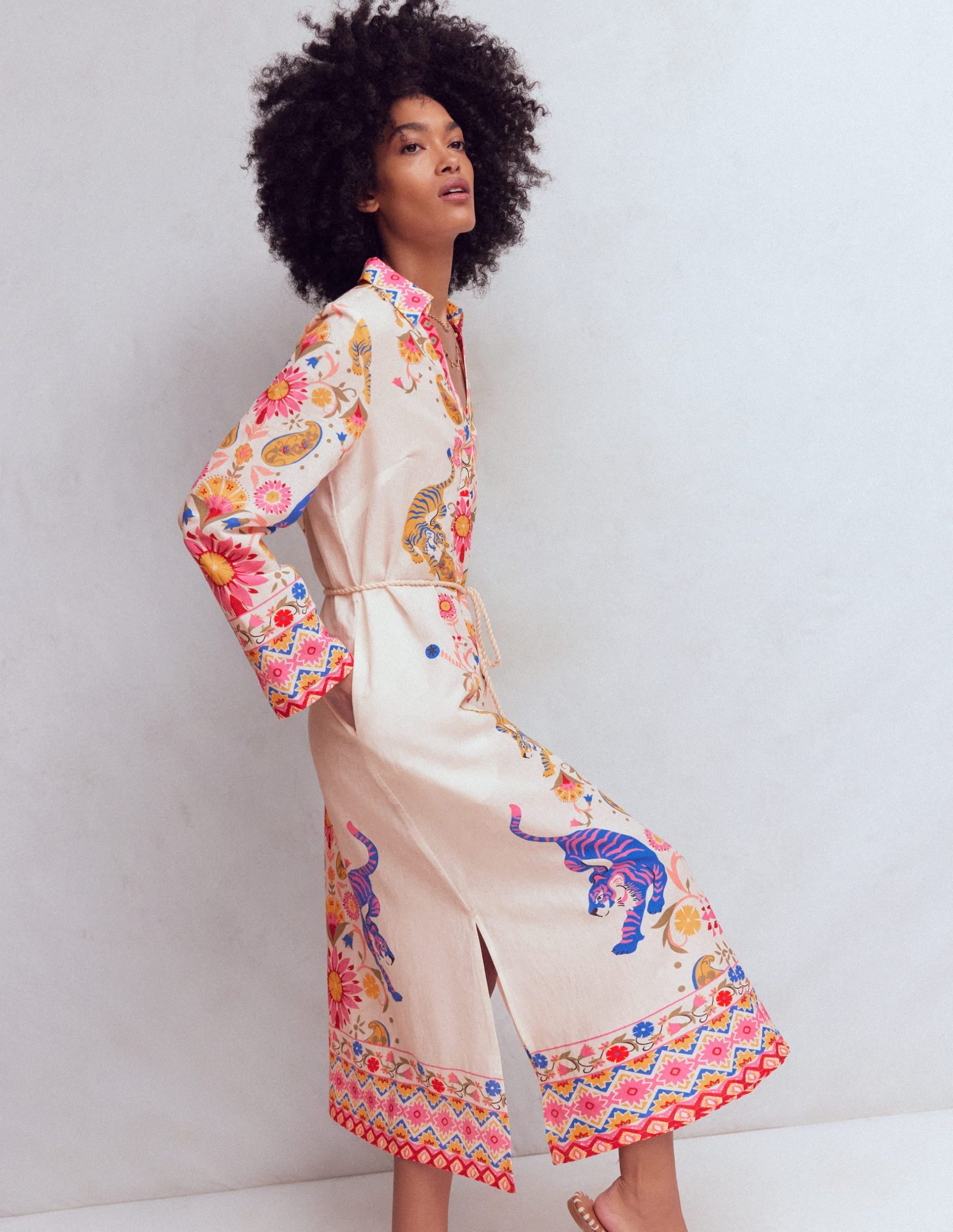 Notch Collar Linen Blend Tunic-Multi Tiger Tapestry - Image 4
