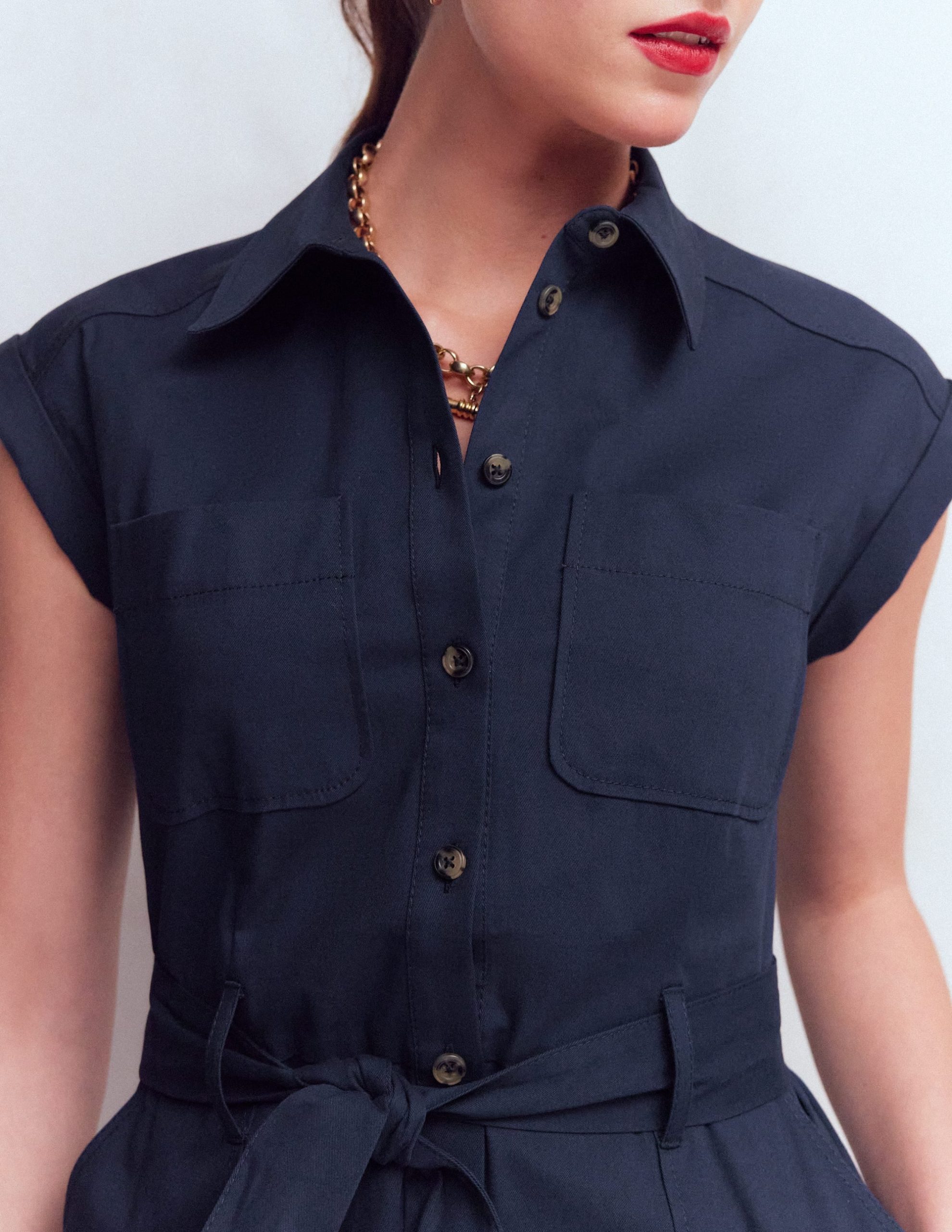 Short Belted Shirt Dress-Navy - Image 2