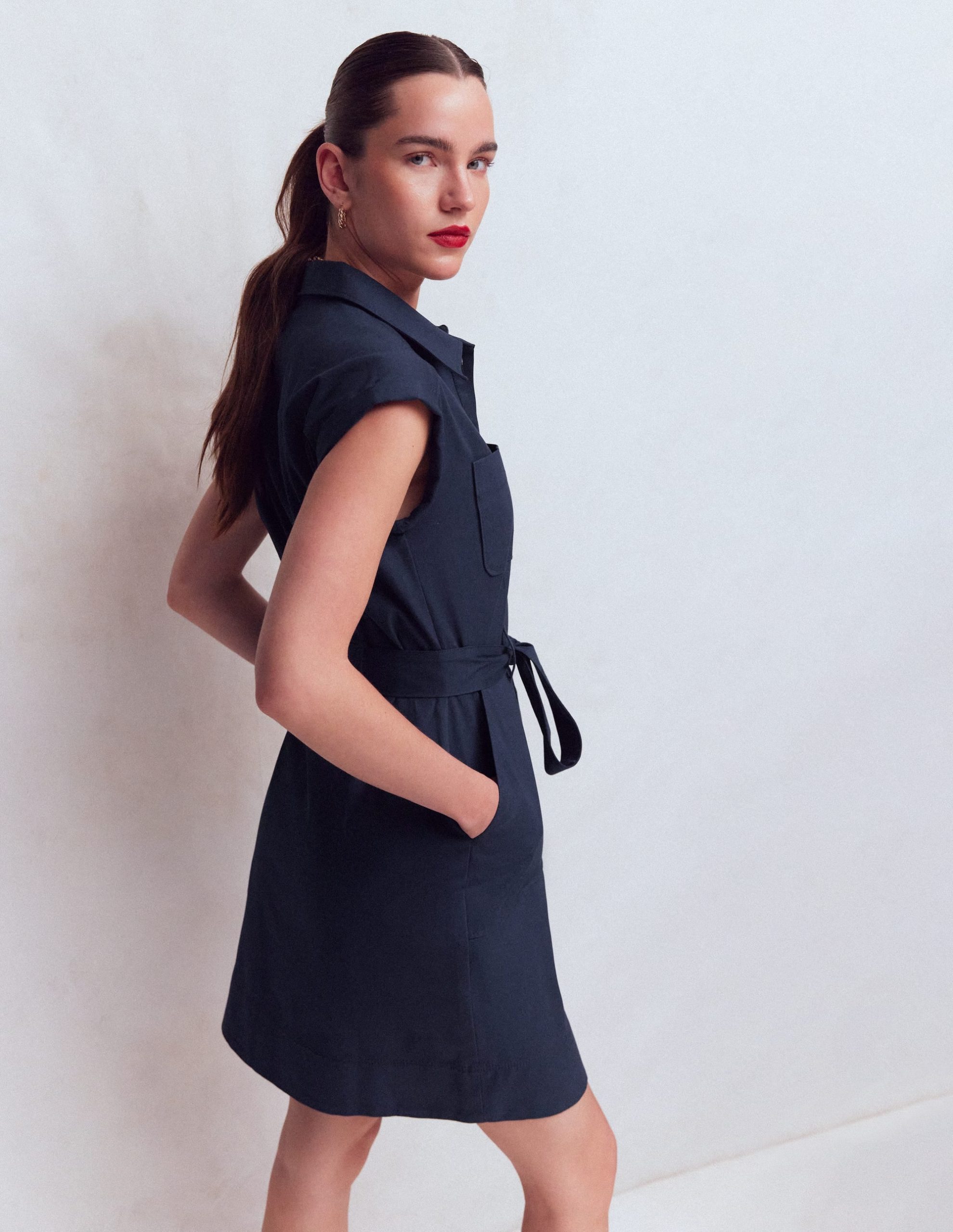 Short Belted Shirt Dress-Navy - Image 3
