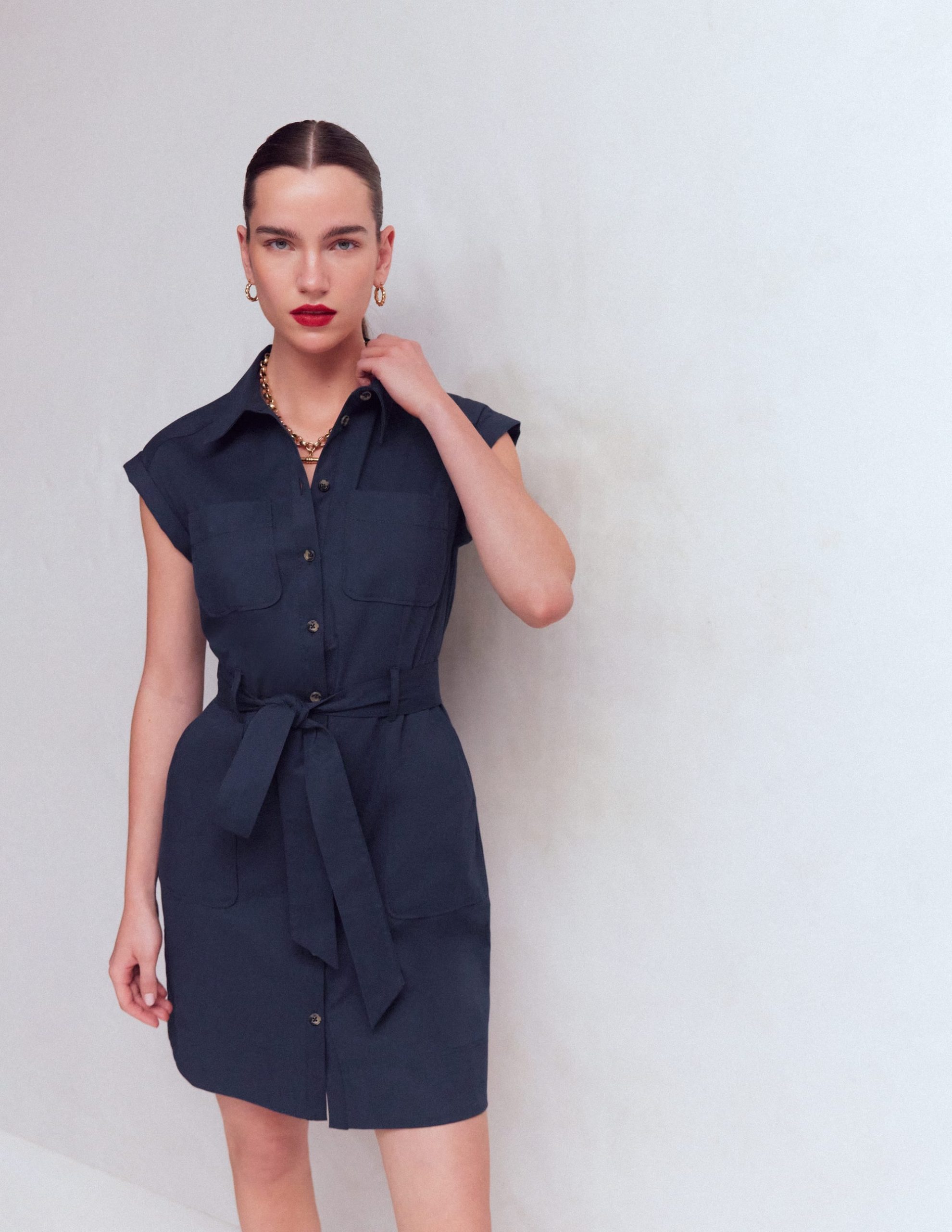 Short Belted Shirt Dress-Navy - Image 4