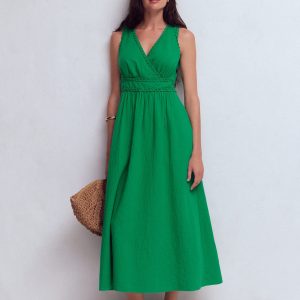 Lorna Trim Double Cloth Dress-Rich Emerald