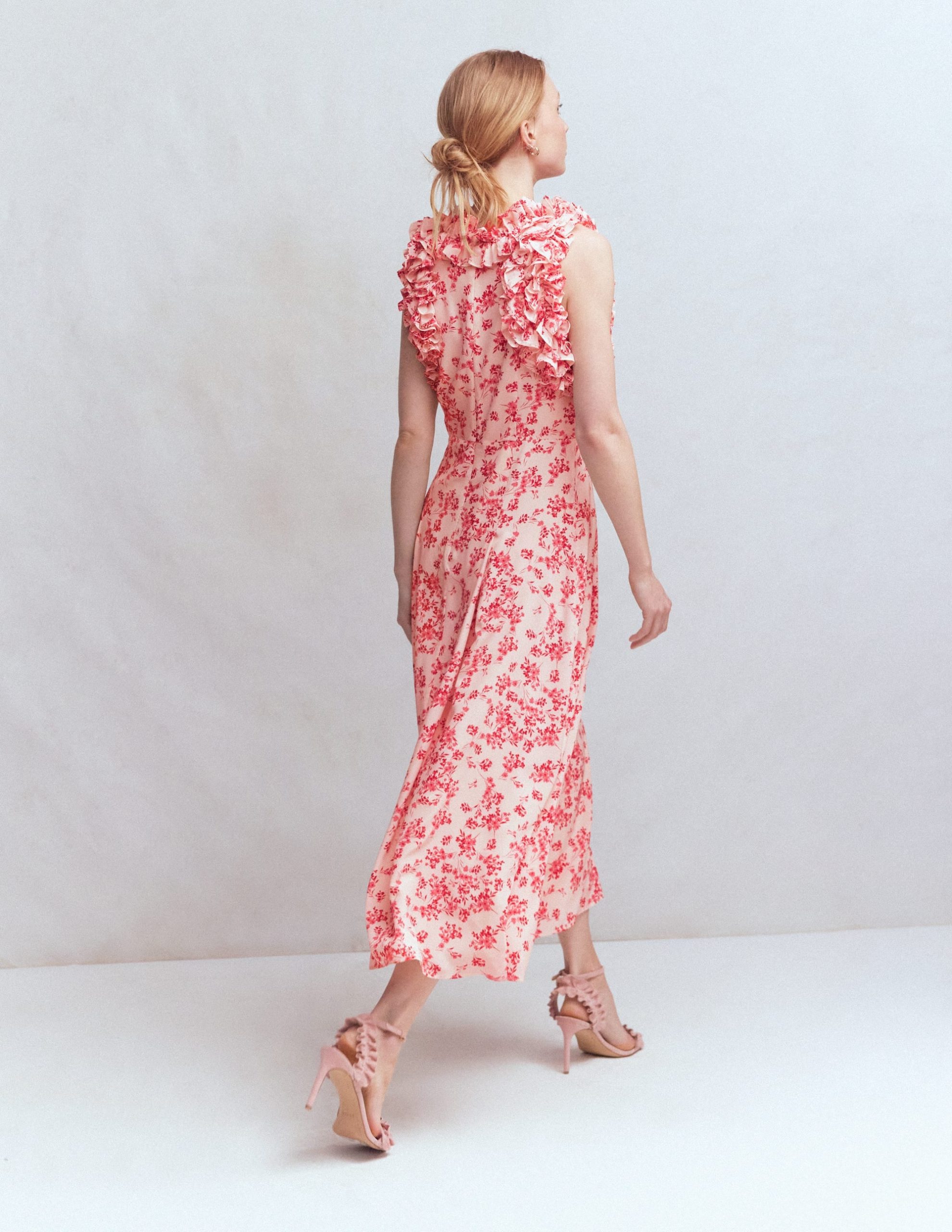 Ruffle Silk Midi Dress-Pink Bloom Scatter Mono - Image 2