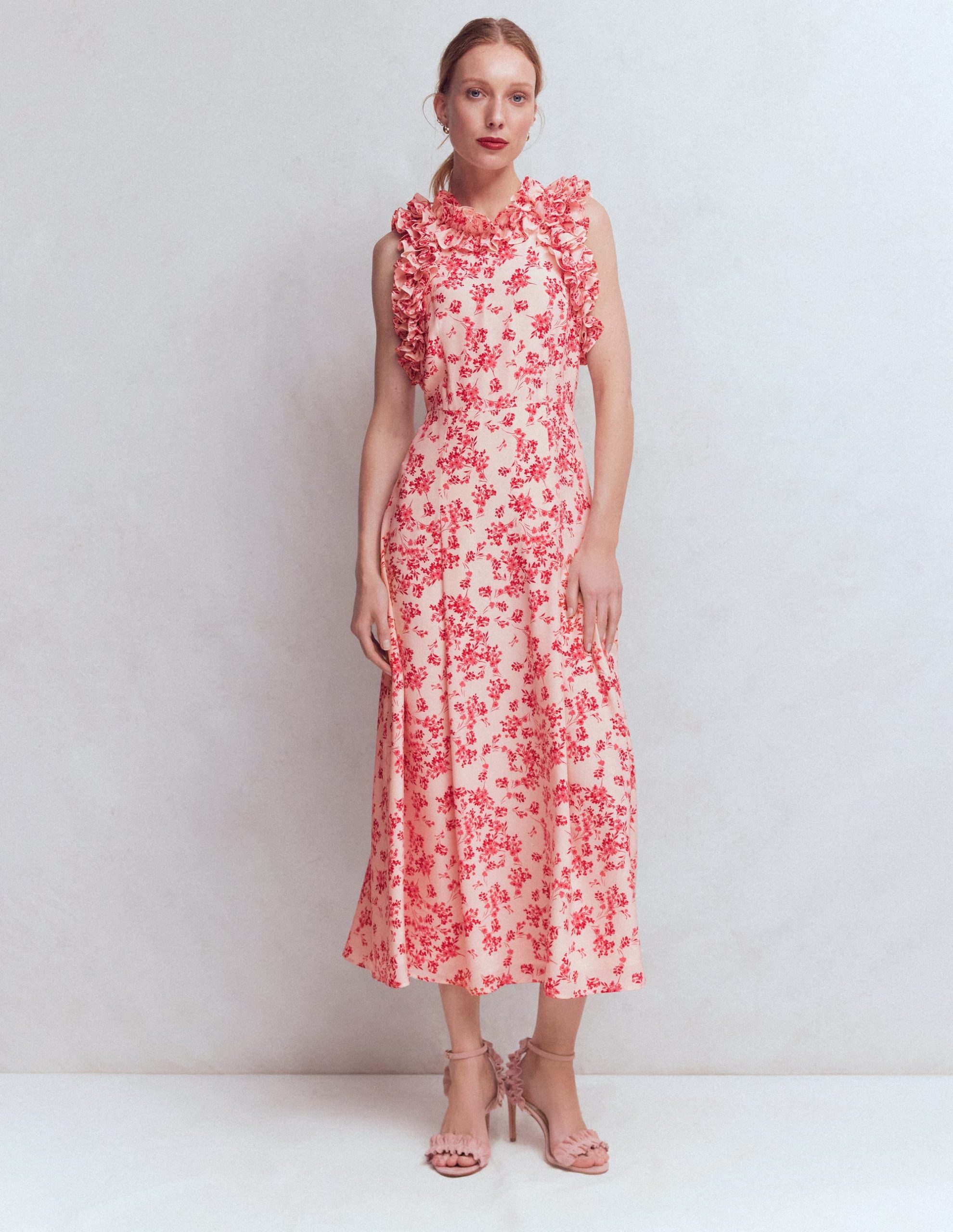 Ruffle Silk Midi Dress-Pink Bloom Scatter Mono - Image 4