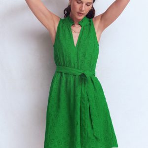 Viv Double Cloth Short Dress-Highland Green Broderie