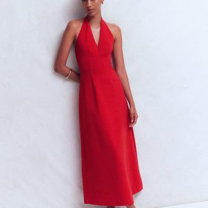Halter Neck Empire Maxi Dress-Red