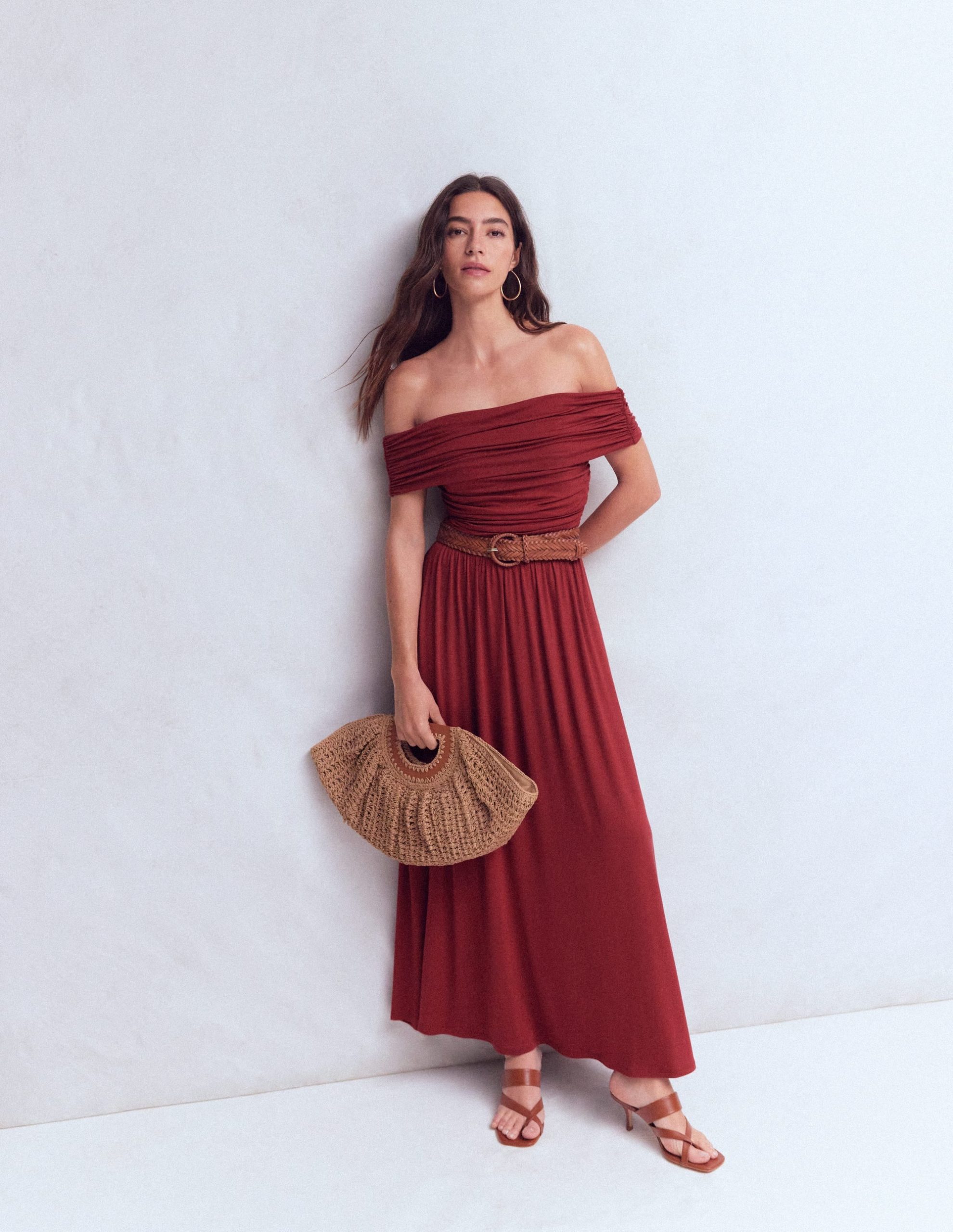 Ruched Bardot Maxi Dress-Burgundy - Image 2