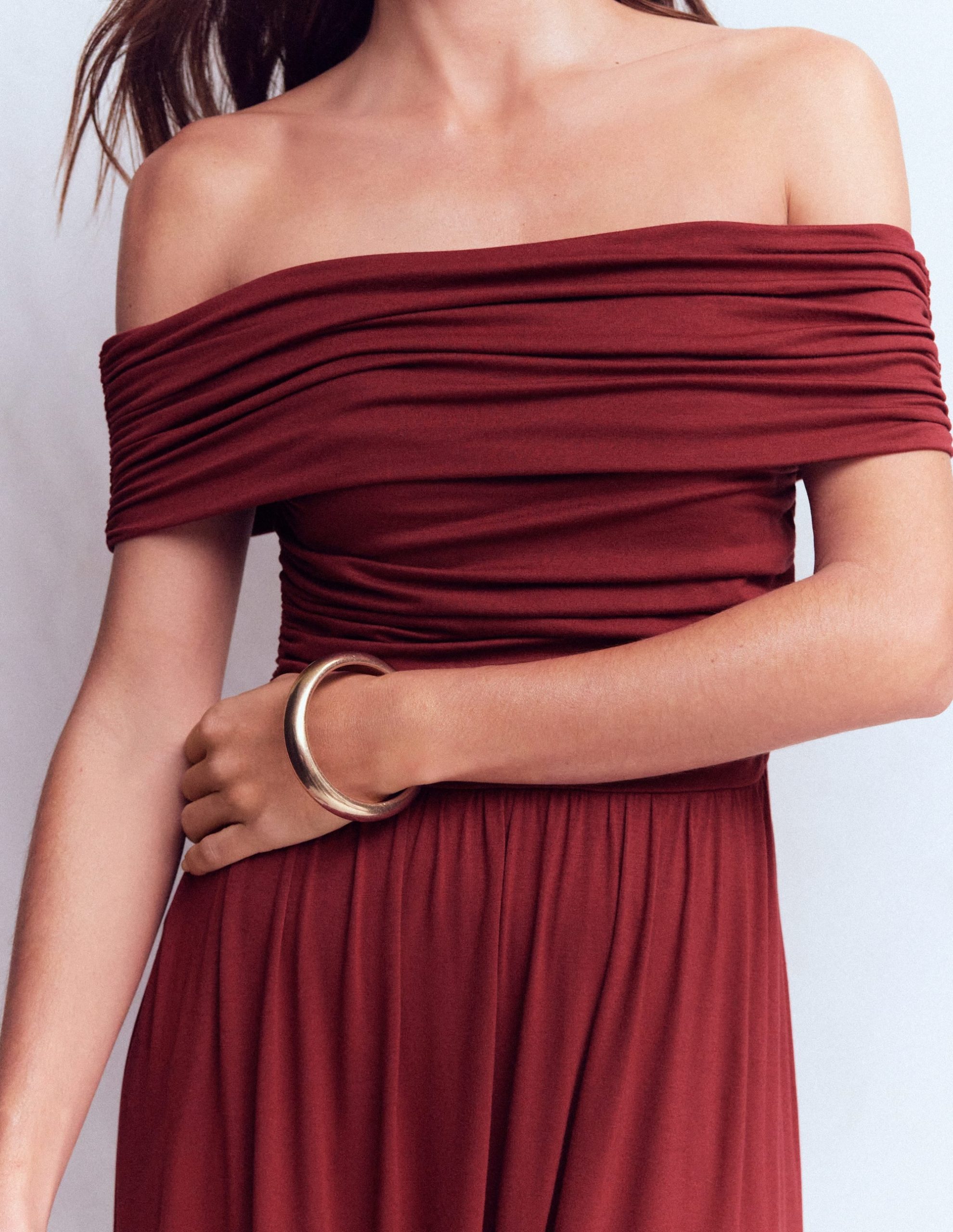 Ruched Bardot Maxi Dress-Burgundy - Image 3