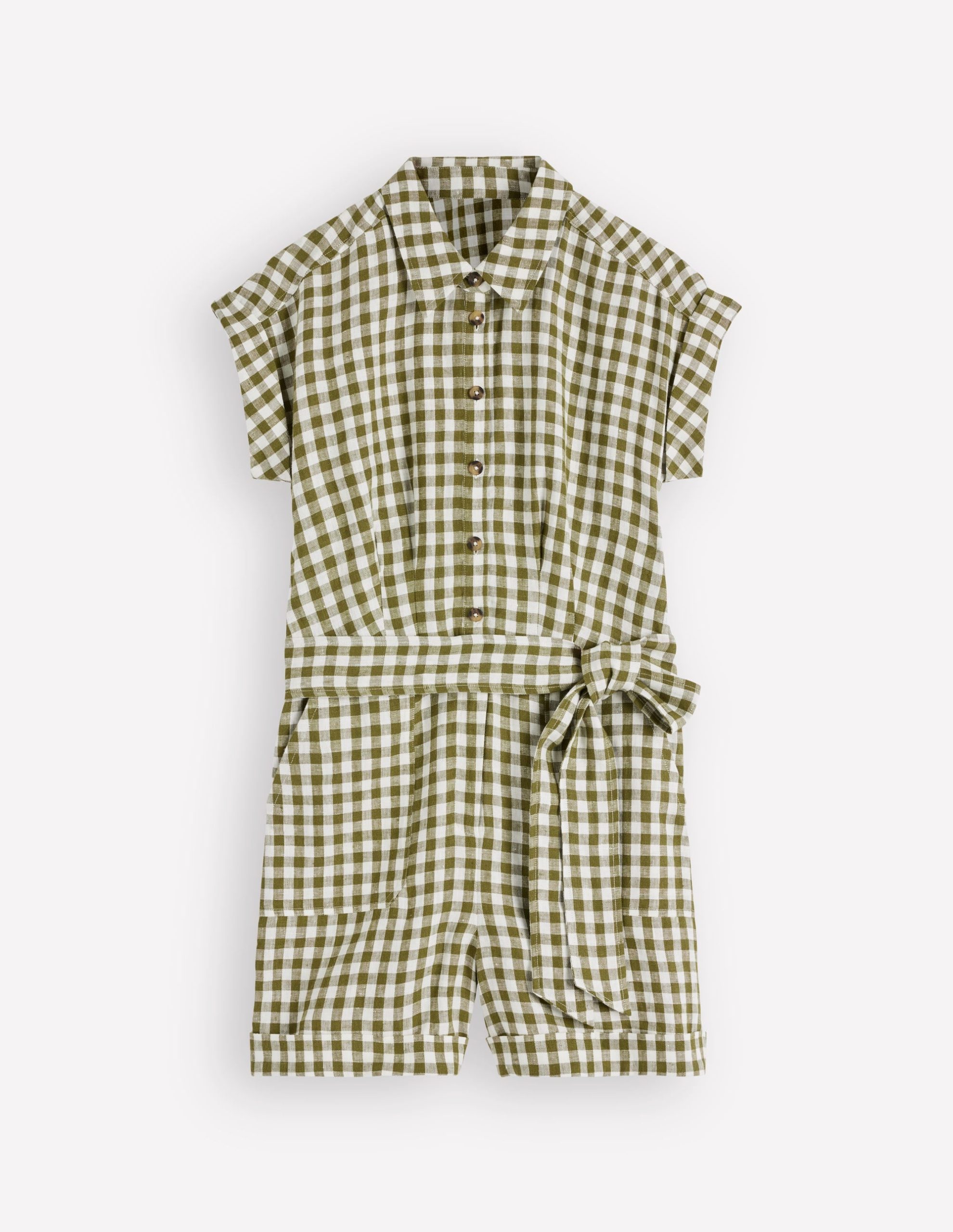 Kay Linen Playsuit-Olive. Ivory Gingham - Image 6
