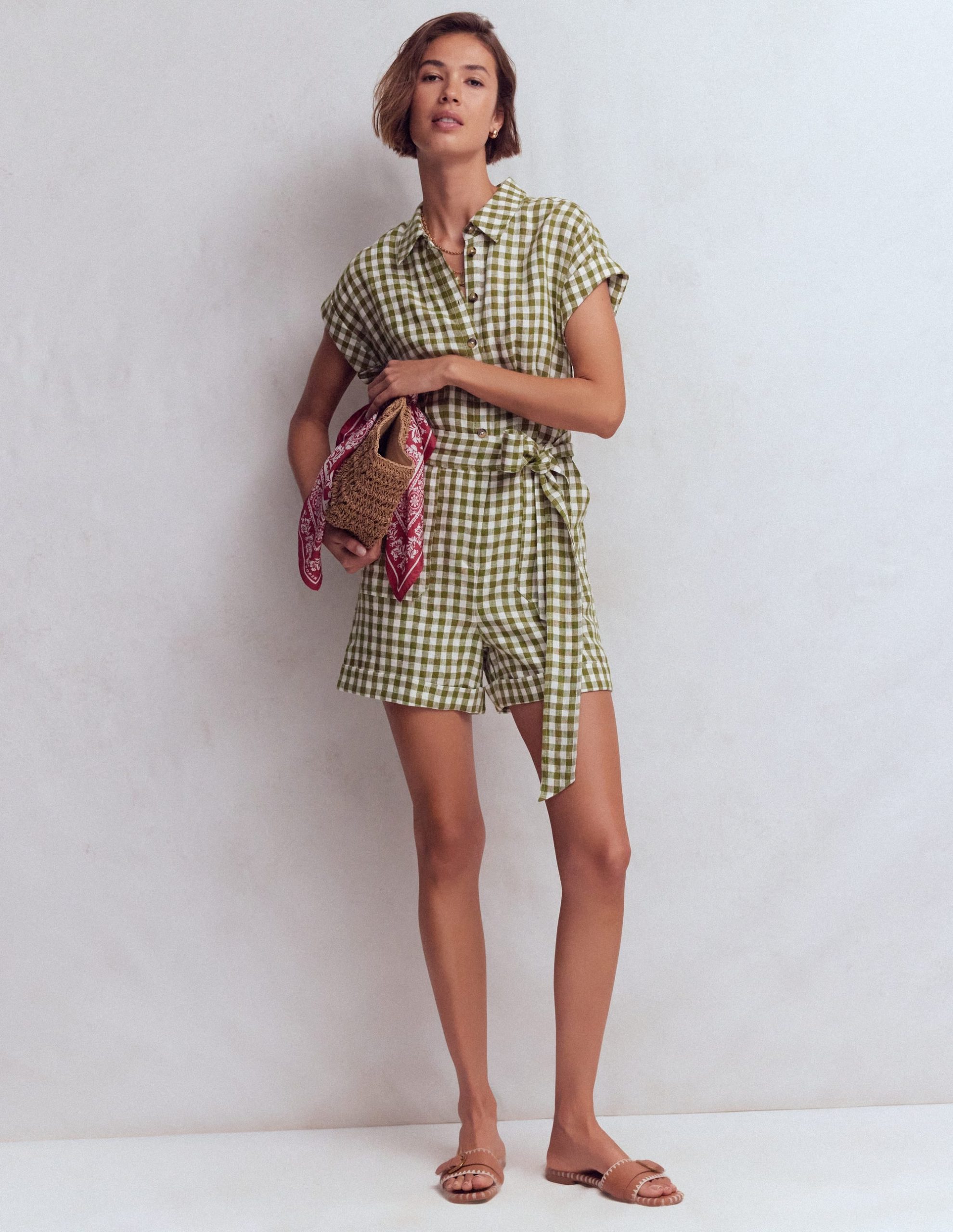 Kay Linen Playsuit-Olive. Ivory Gingham