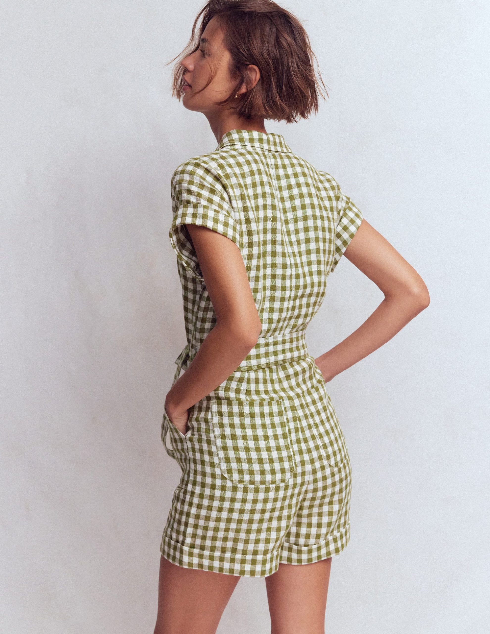 Kay Linen Playsuit-Olive. Ivory Gingham - Image 3