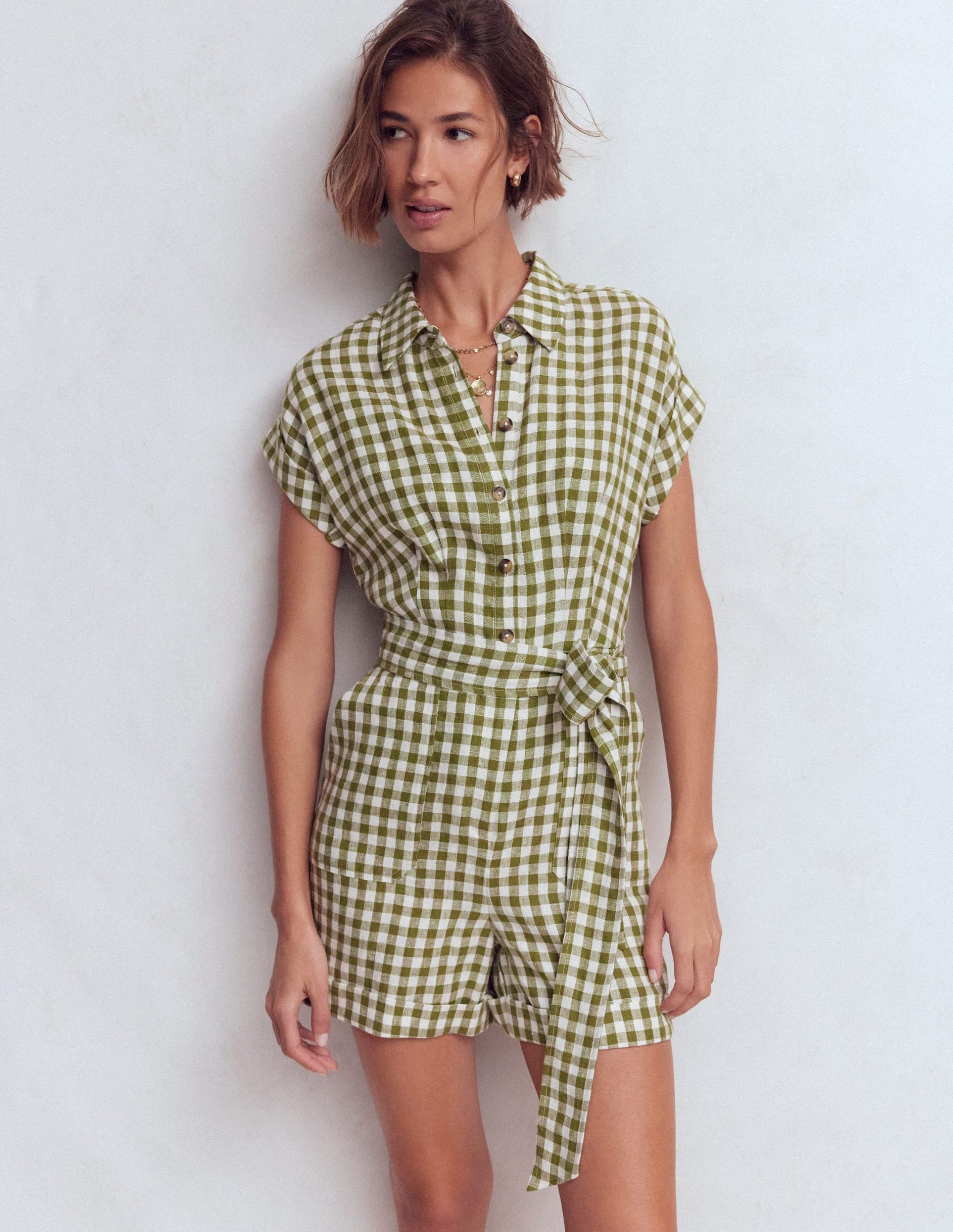 Kay Linen Playsuit-Olive. Ivory Gingham - Image 4