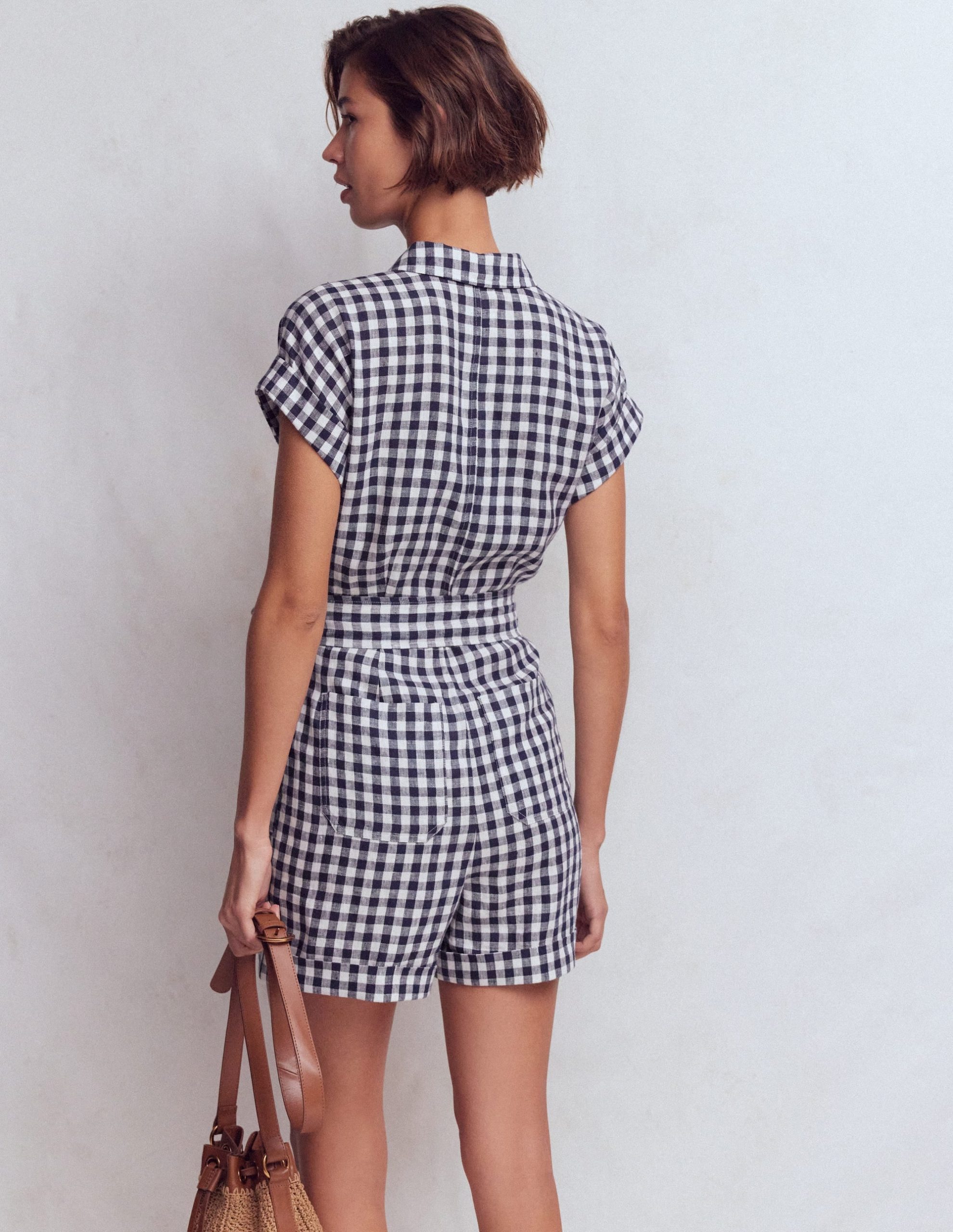 Kay Linen Playsuit-Navy. Ivory Gingham - Image 3