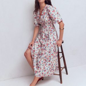 Irene Linen Midi Dress-Ivory. Bloom Scatter