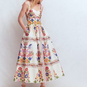 Fit and Flare Midi Dress-Multi Meadow Flowers Lattice