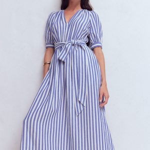 Double Cloth Puff Sleeve Dress-Blue Ivory Stripe