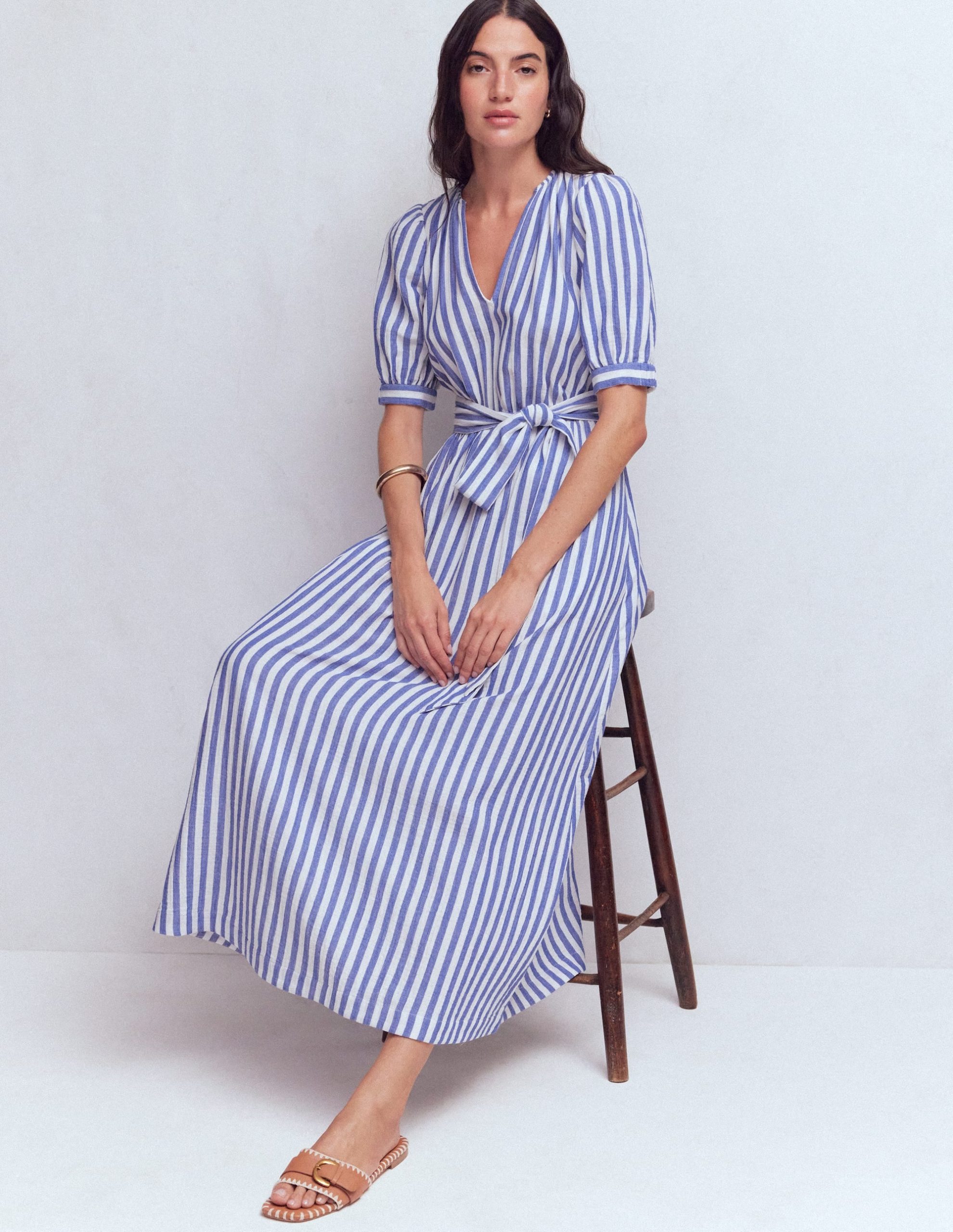 Double Cloth Puff Sleeve Dress-Blue Ivory Stripe - Image 2