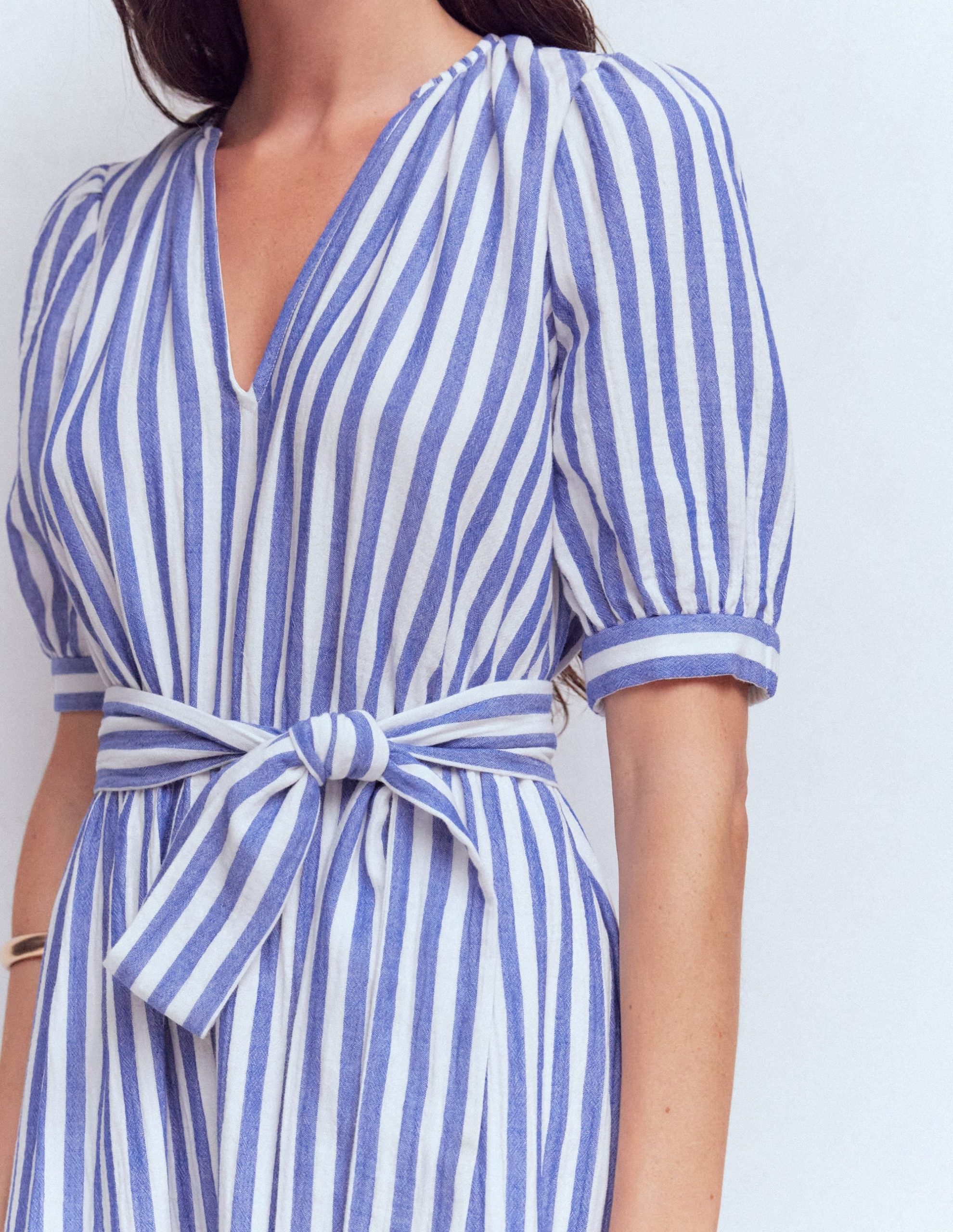 Double Cloth Puff Sleeve Dress-Blue Ivory Stripe - Image 3