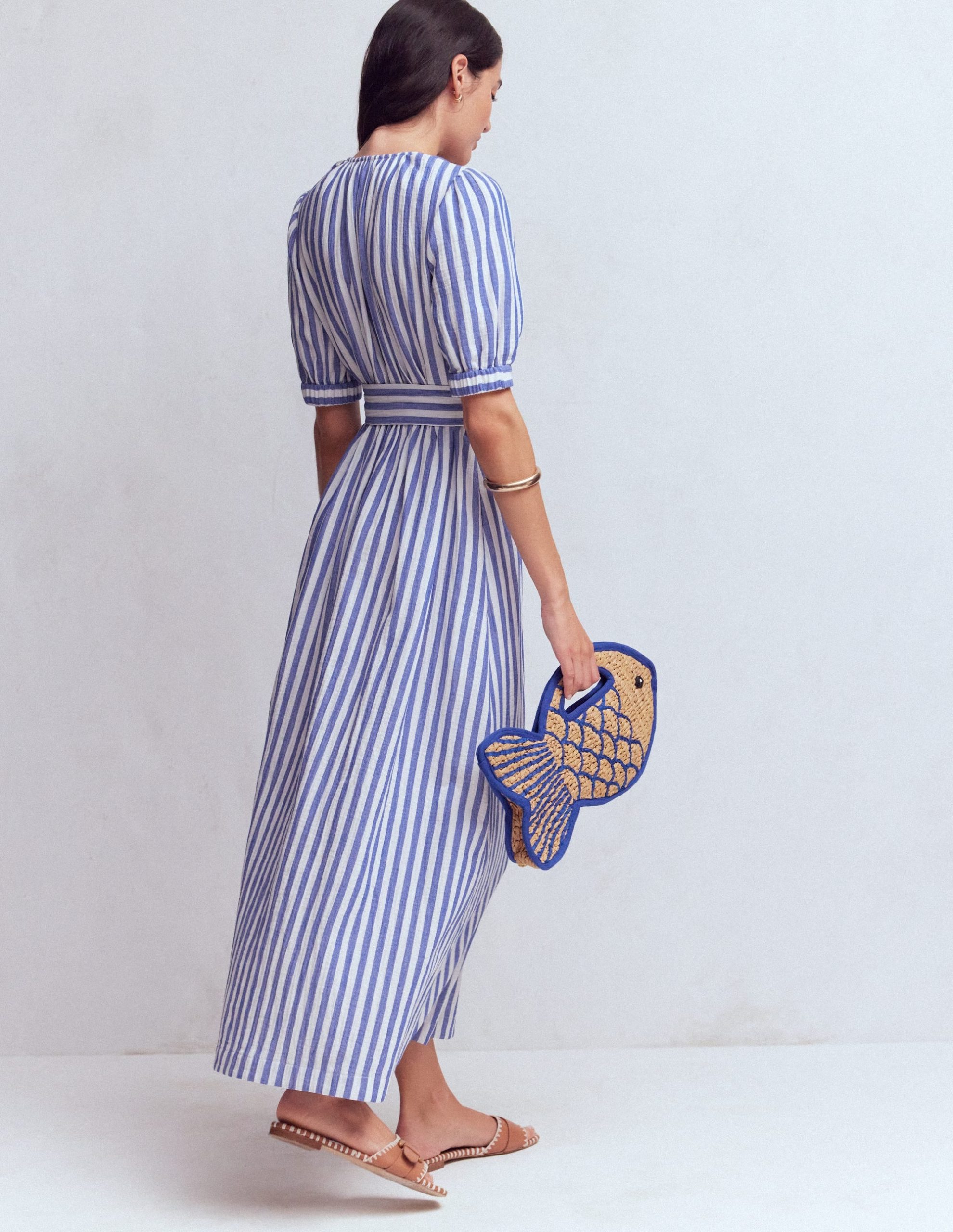 Double Cloth Puff Sleeve Dress-Blue Ivory Stripe - Image 4