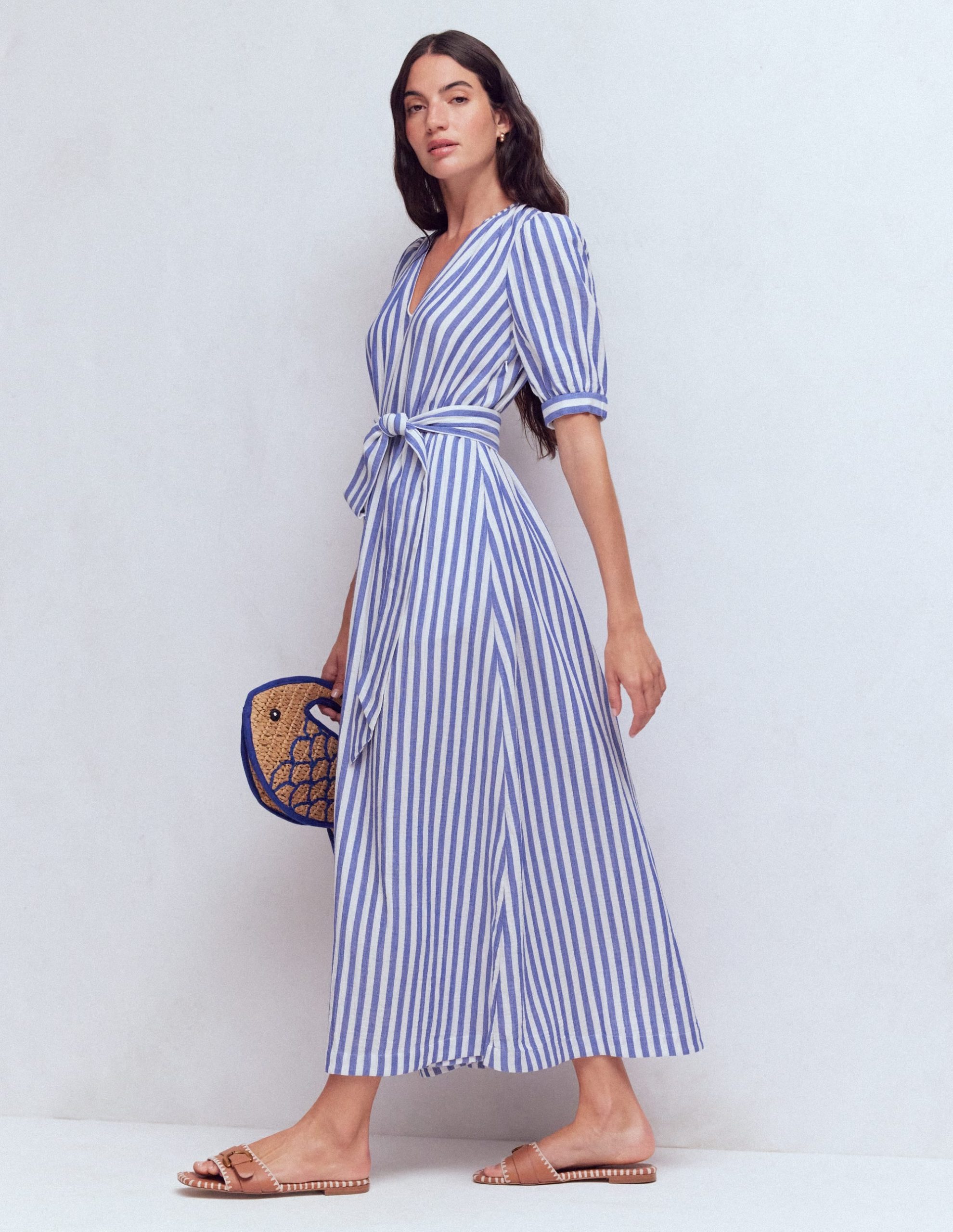 Double Cloth Puff Sleeve Dress-Blue Ivory Stripe - Image 5