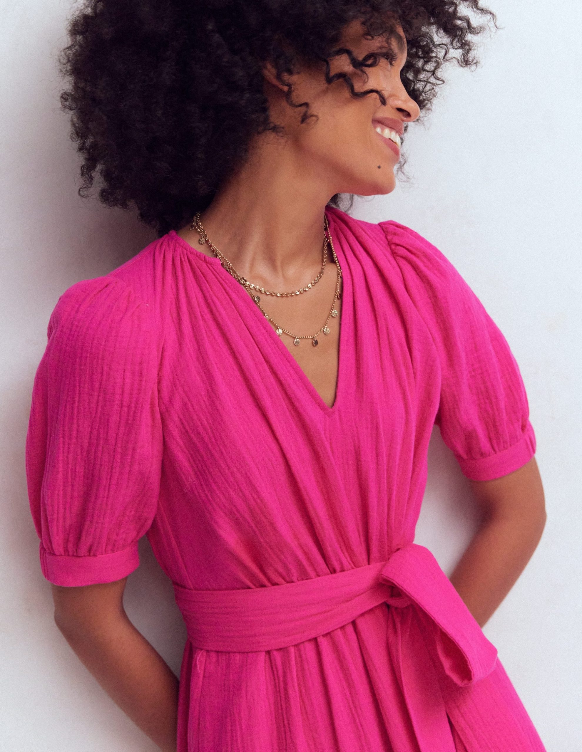 Double Cloth Puff Sleeve Dress-Bright Pink - Image 2