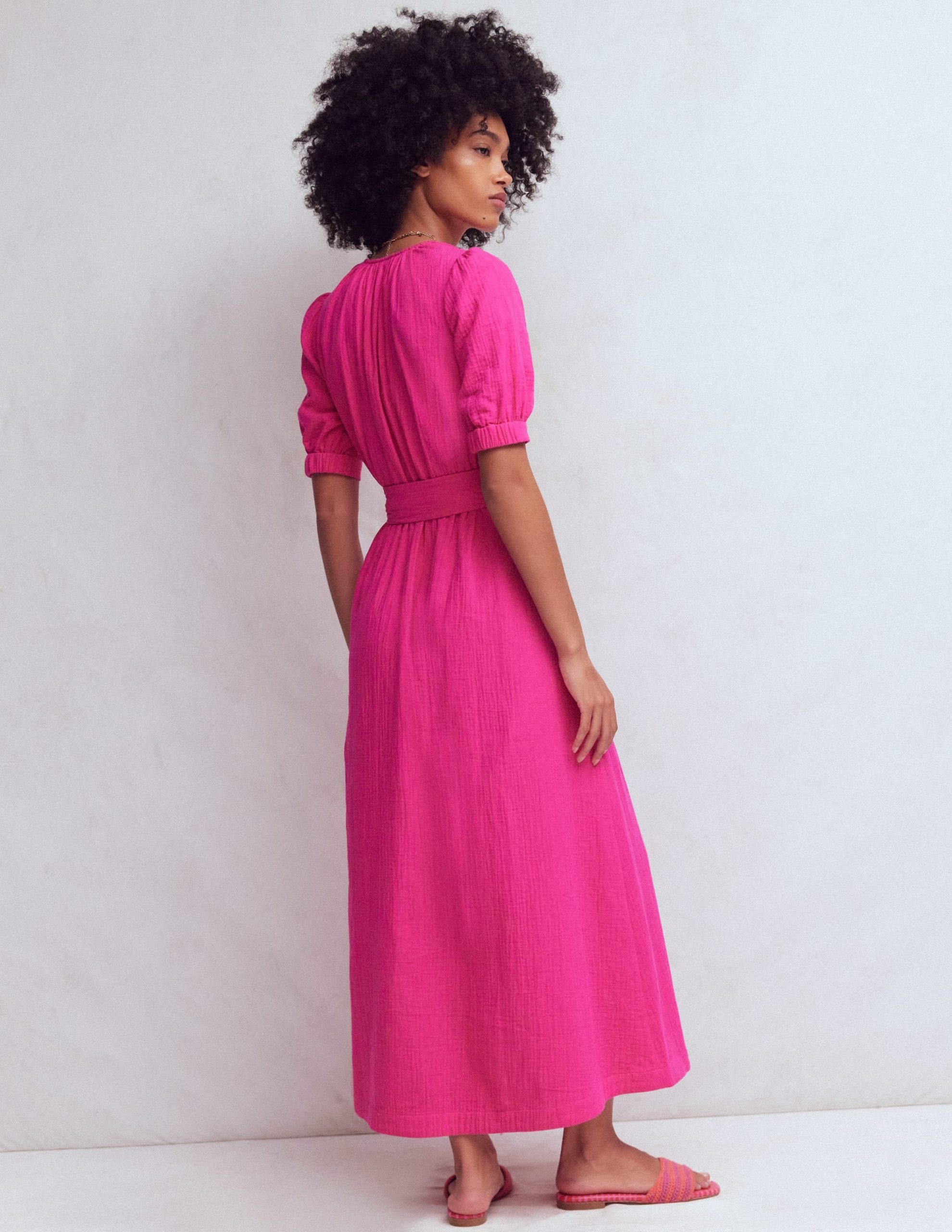 Double Cloth Puff Sleeve Dress-Bright Pink - Image 3