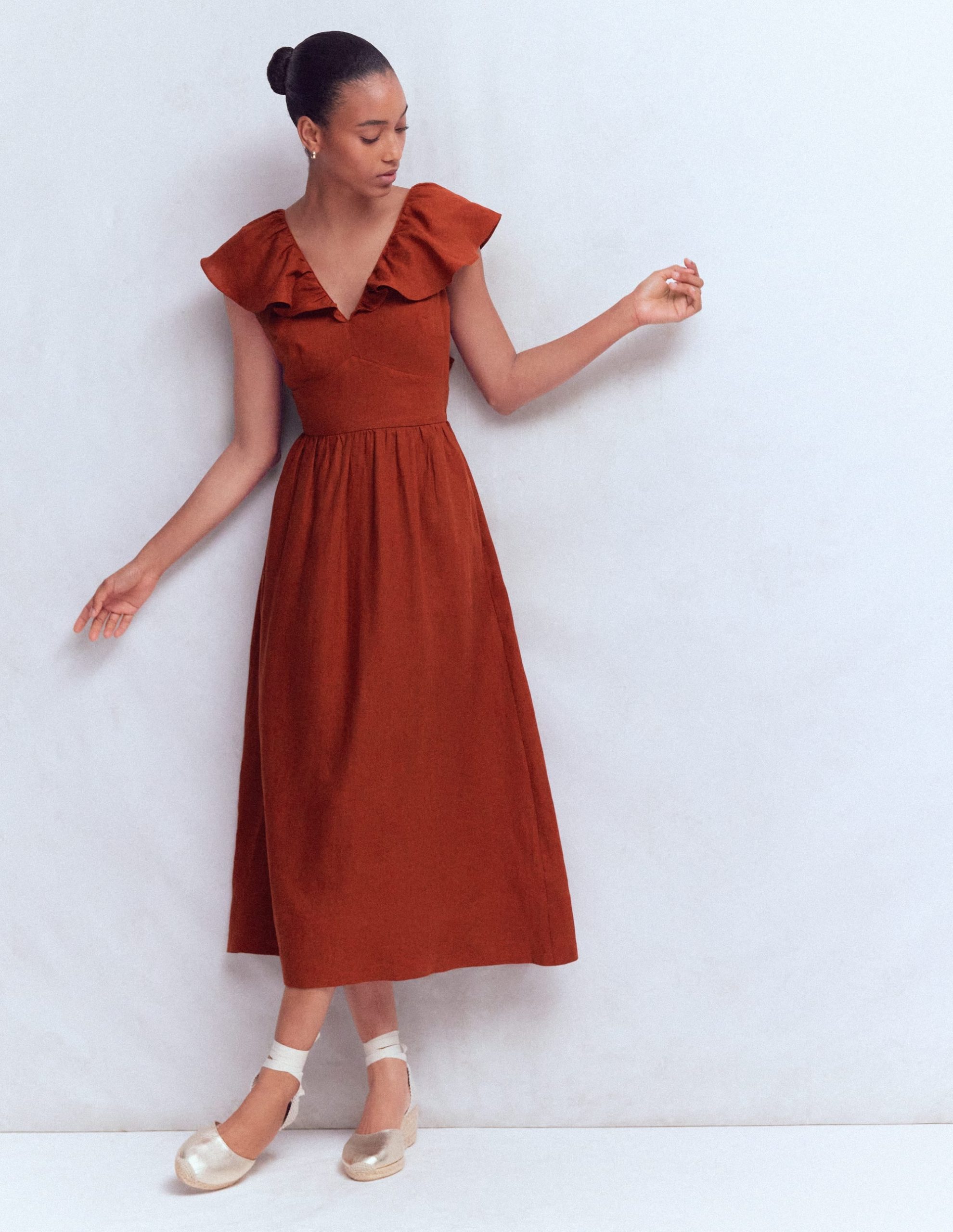 Mega Ruffle Linen Dress-Burnt Henna - Image 5