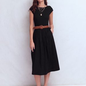 Boat Neck Mix Dress-Black