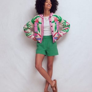 Abi Jacquard Cardigan-Warm Ivory. Palm Tree Birds