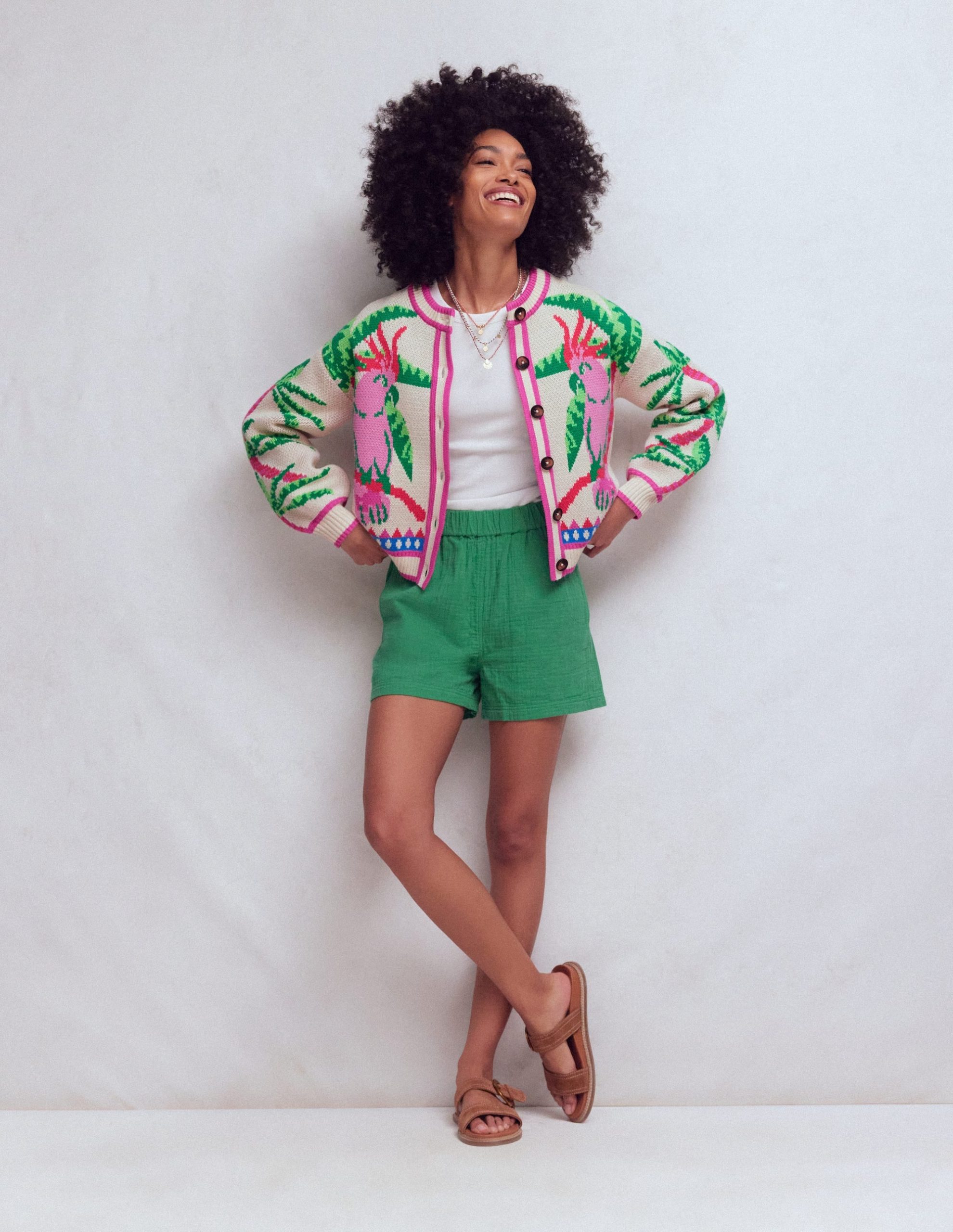 Abi Jacquard Cardigan-Warm Ivory. Palm Tree Birds