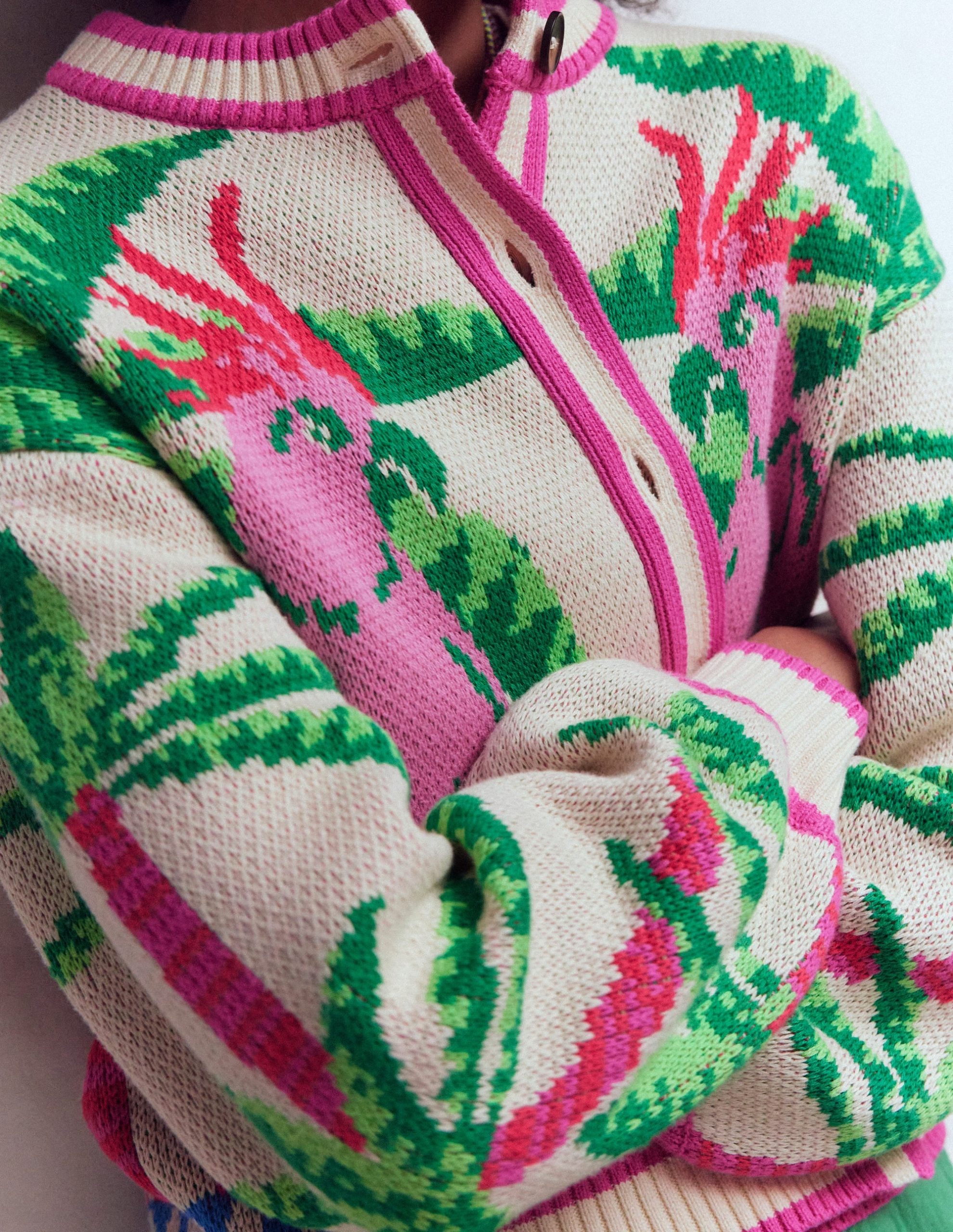 Abi Jacquard Cardigan-Warm Ivory. Palm Tree Birds - Image 2