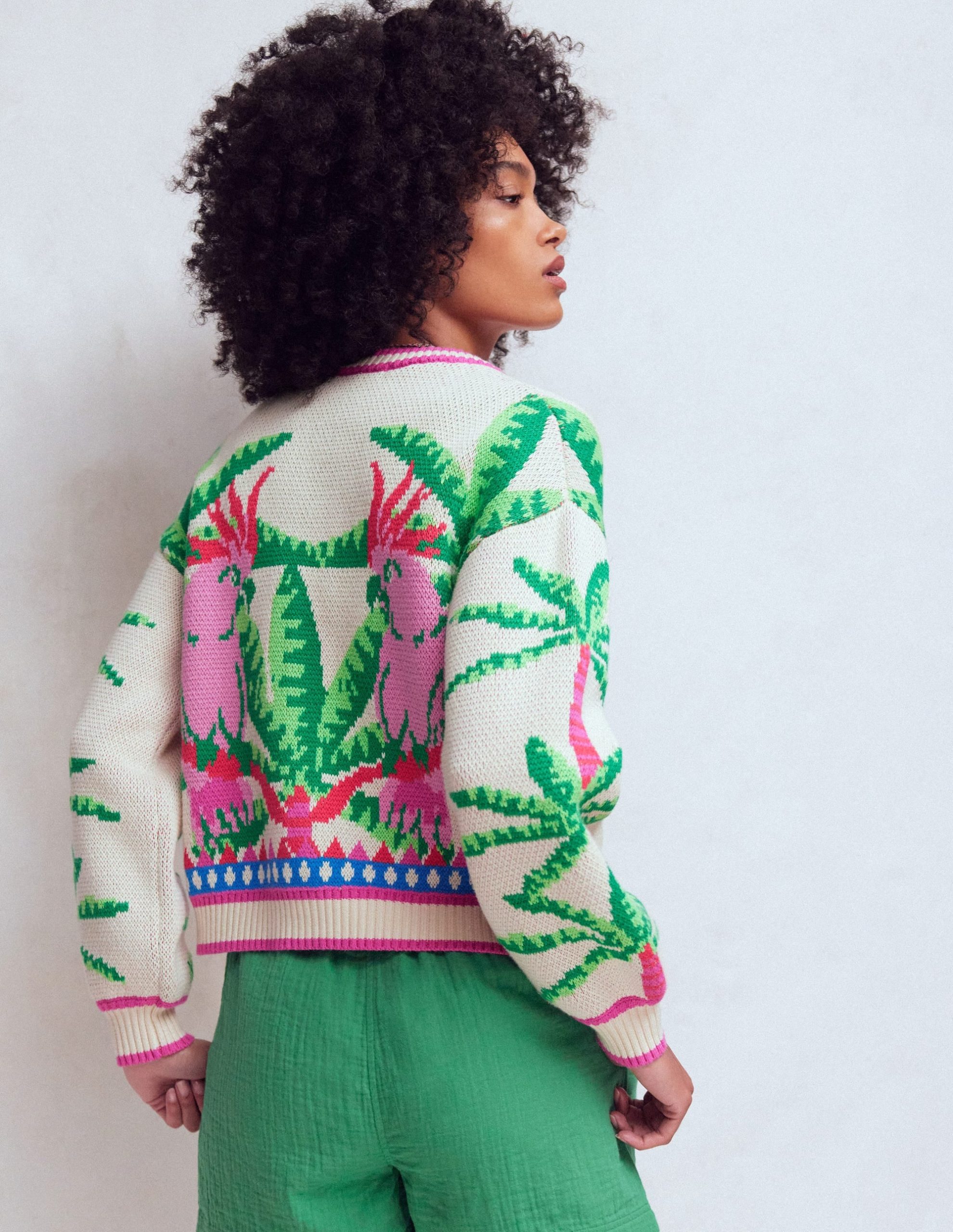 Abi Jacquard Cardigan-Warm Ivory. Palm Tree Birds - Image 3