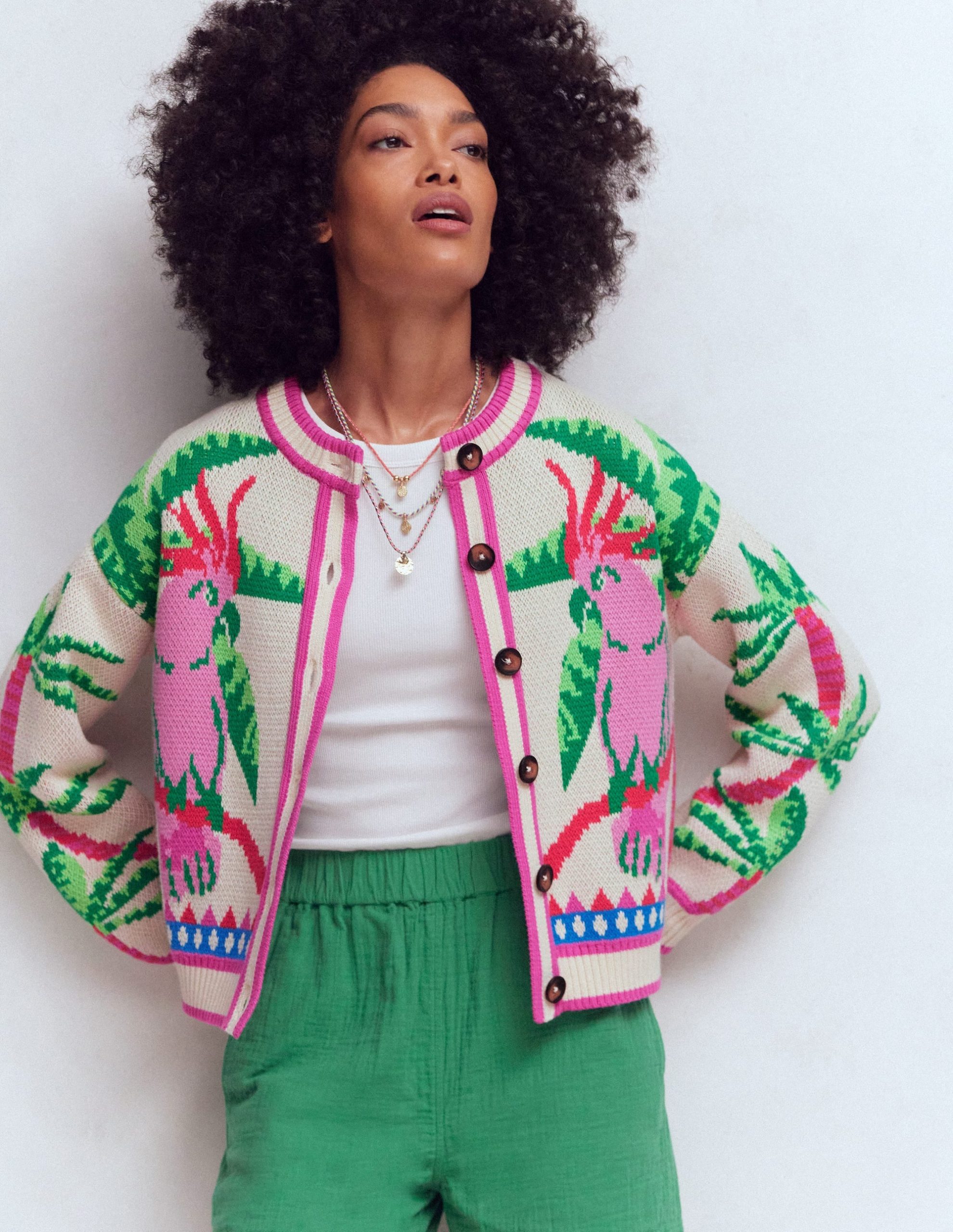 Abi Jacquard Cardigan-Warm Ivory. Palm Tree Birds - Image 4