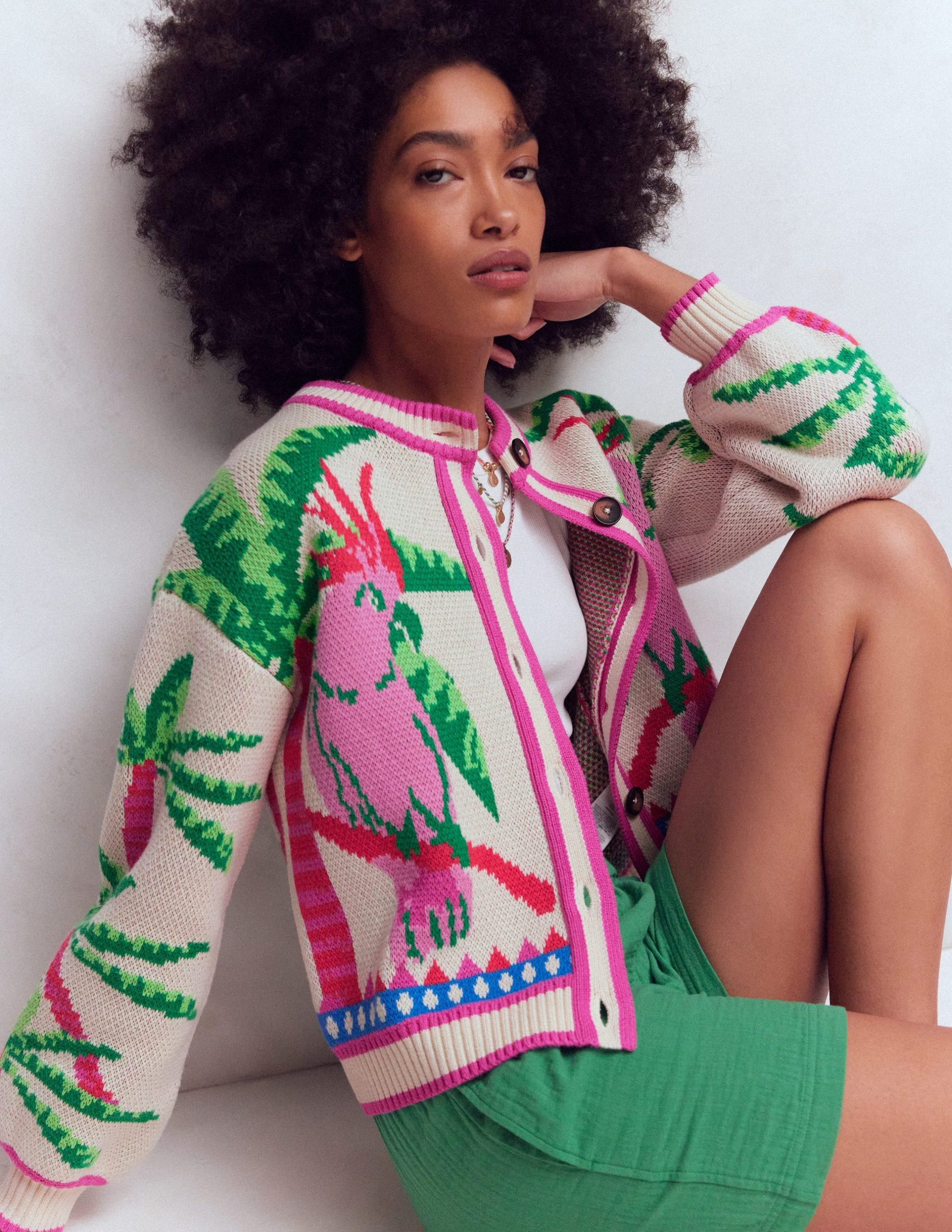Abi Jacquard Cardigan-Warm Ivory. Palm Tree Birds - Image 5