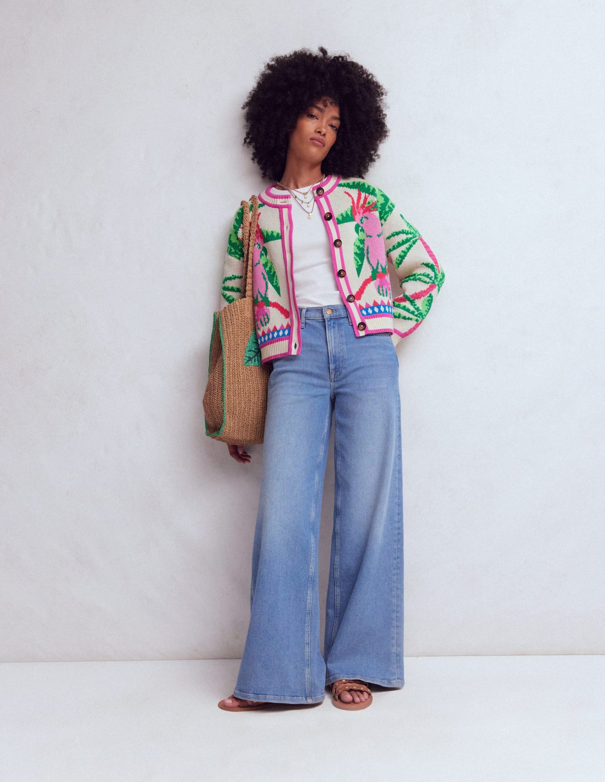 Abi Jacquard Cardigan-Warm Ivory. Palm Tree Birds - Image 6