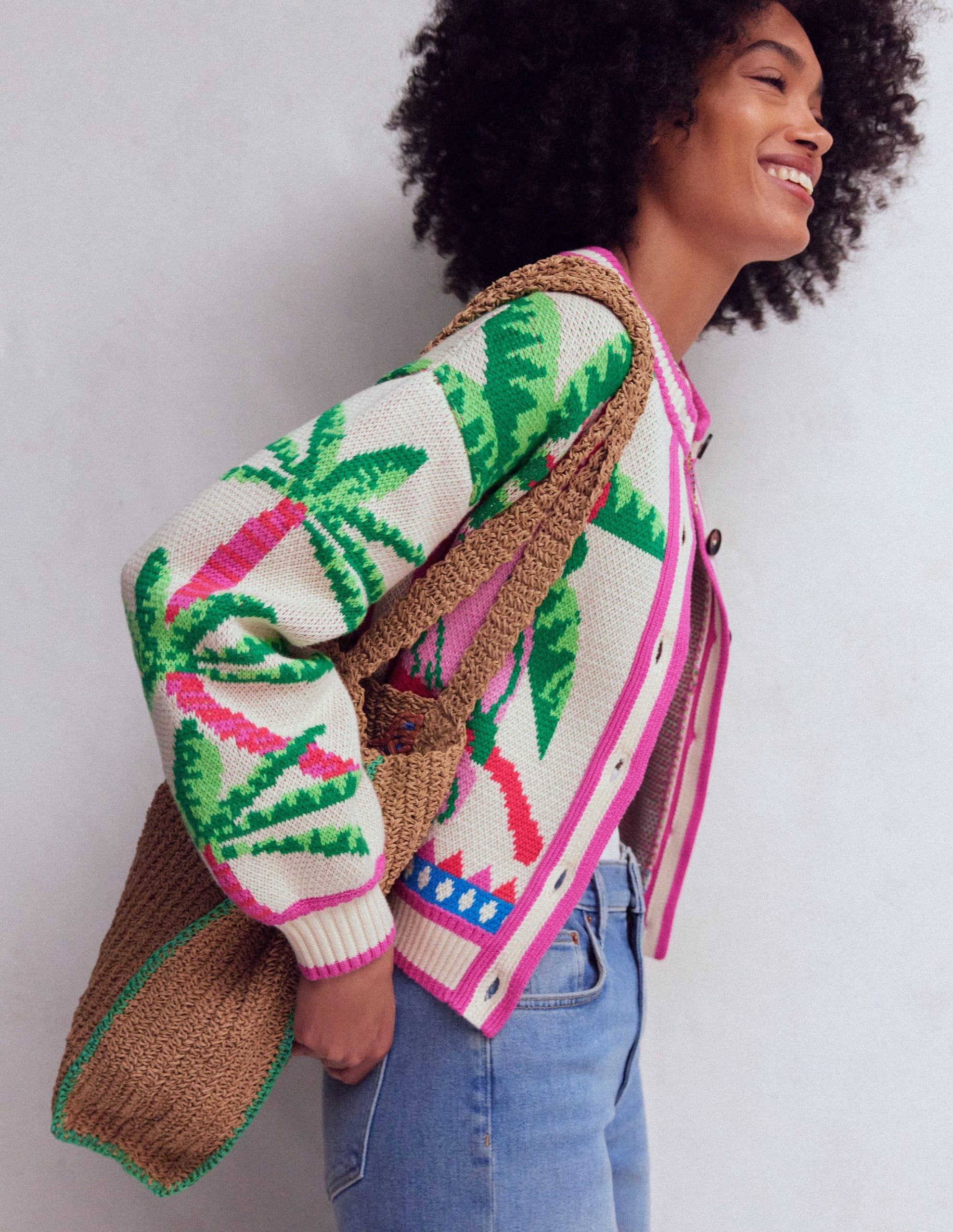 Abi Jacquard Cardigan-Warm Ivory. Palm Tree Birds - Image 7