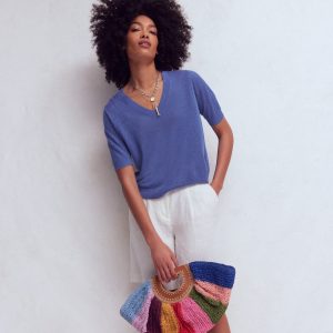 Agnes Linen V Neck T-Shirt-Solid Blue
