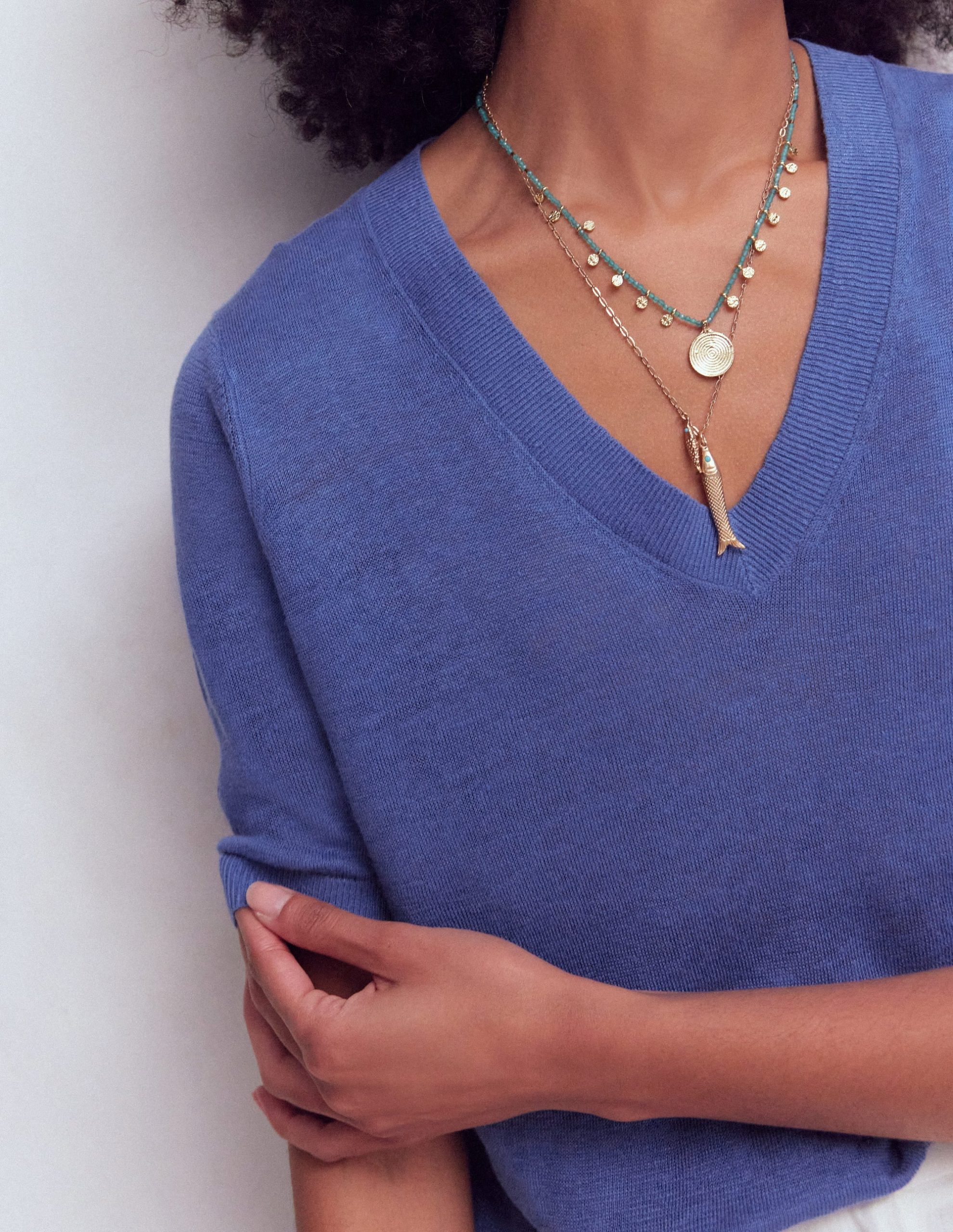Agnes Linen V Neck T-Shirt-Solid Blue - Image 2